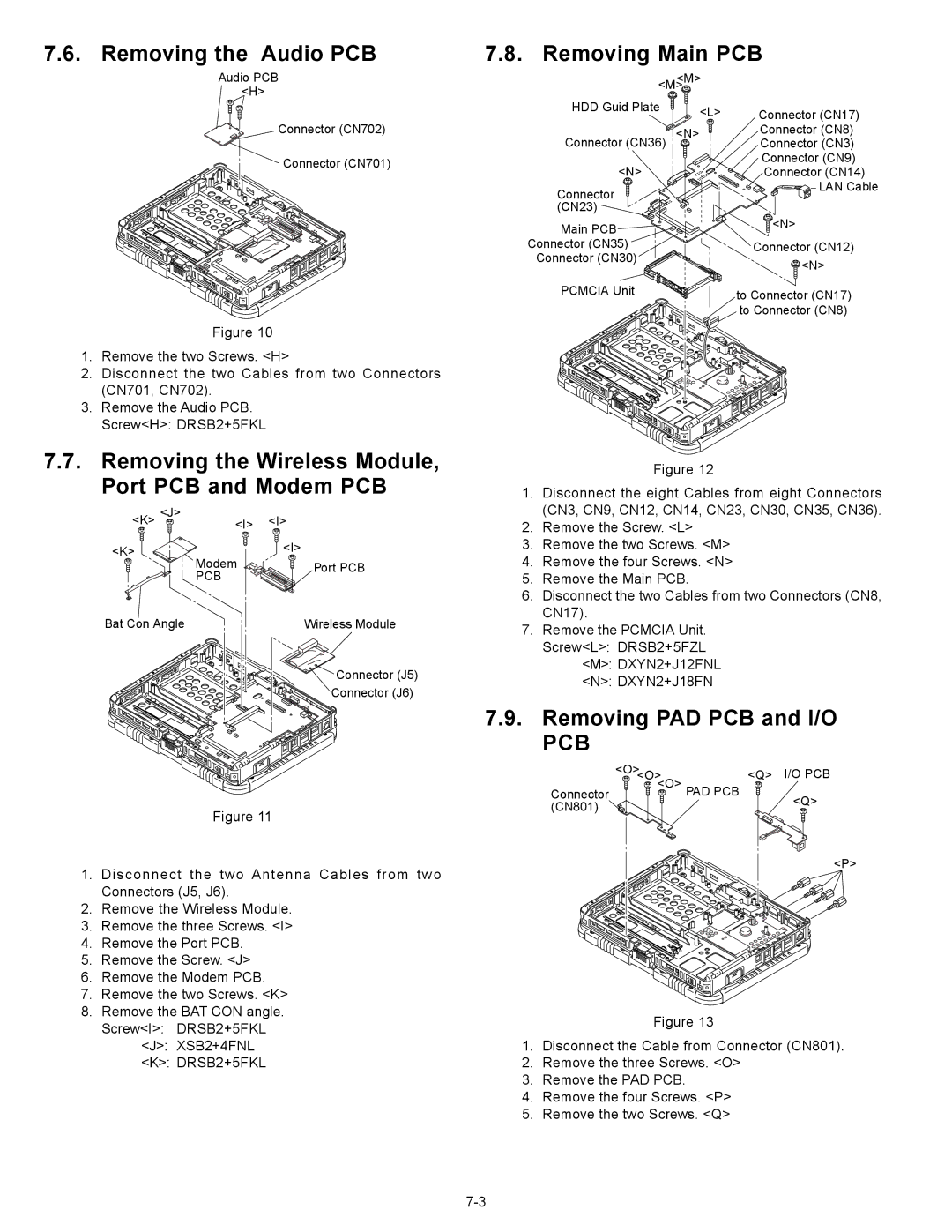 Matsushita CF-18JHU80TW Removing the Audio PCB Removing Main PCB, Removing the Wireless Module Port PCB and Modem PCB 