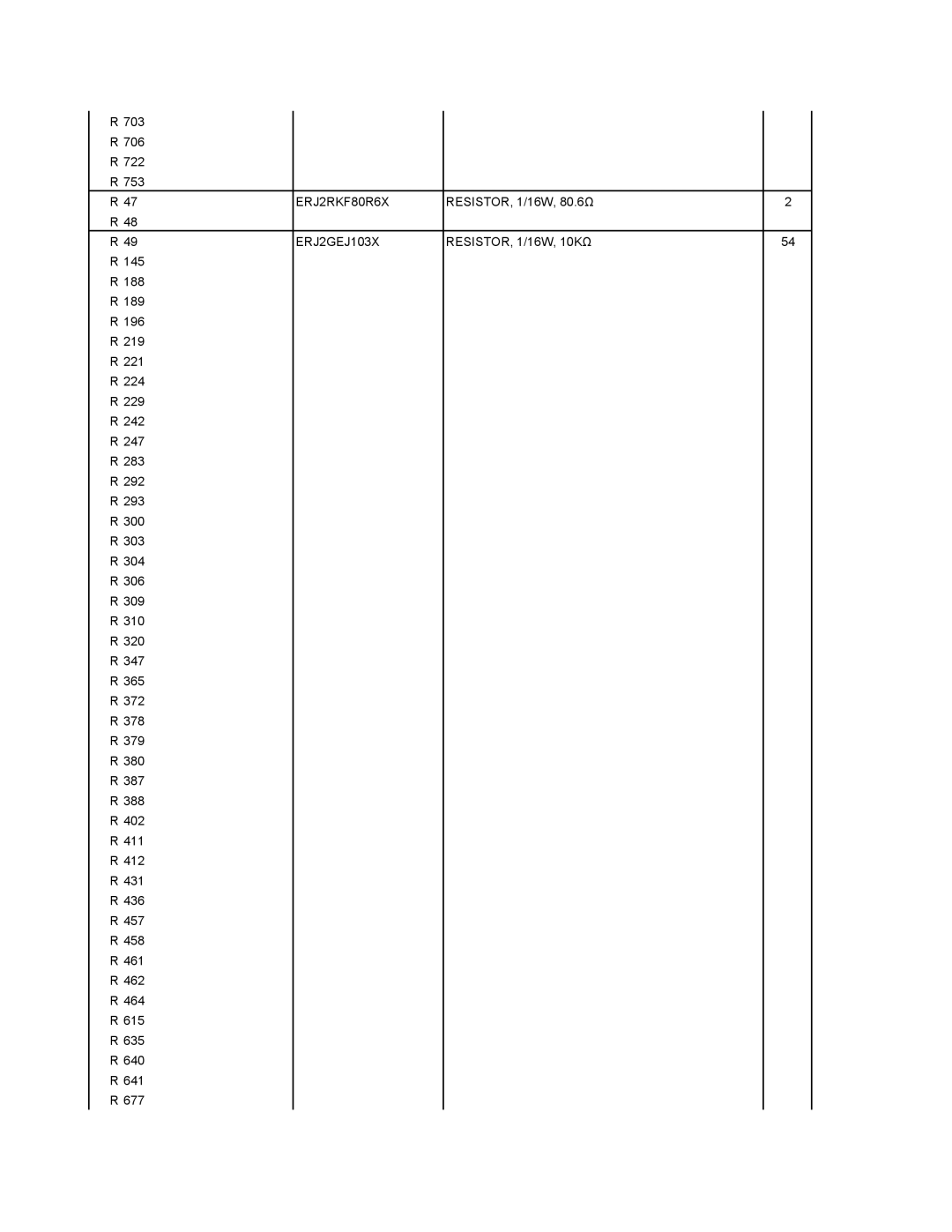 Matsushita CF-18JHU80TW service manual ERJ2RKF80R6X RESISTOR, 1/16W, ERJ2GEJ103X RESISTOR, 1/16W 