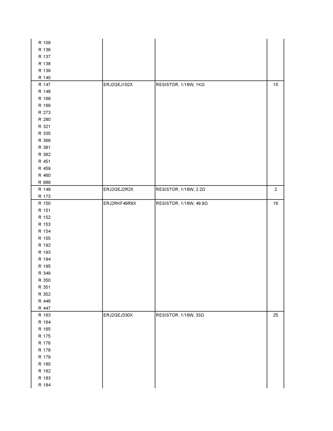 Matsushita CF-18JHU80TW service manual ERJ2GEJ102X RESISTOR, 1/16W, 1KΩ, ERJ2GEJ2R2X, ERJ2RKF49R9X, ERJ2GEJ330X 