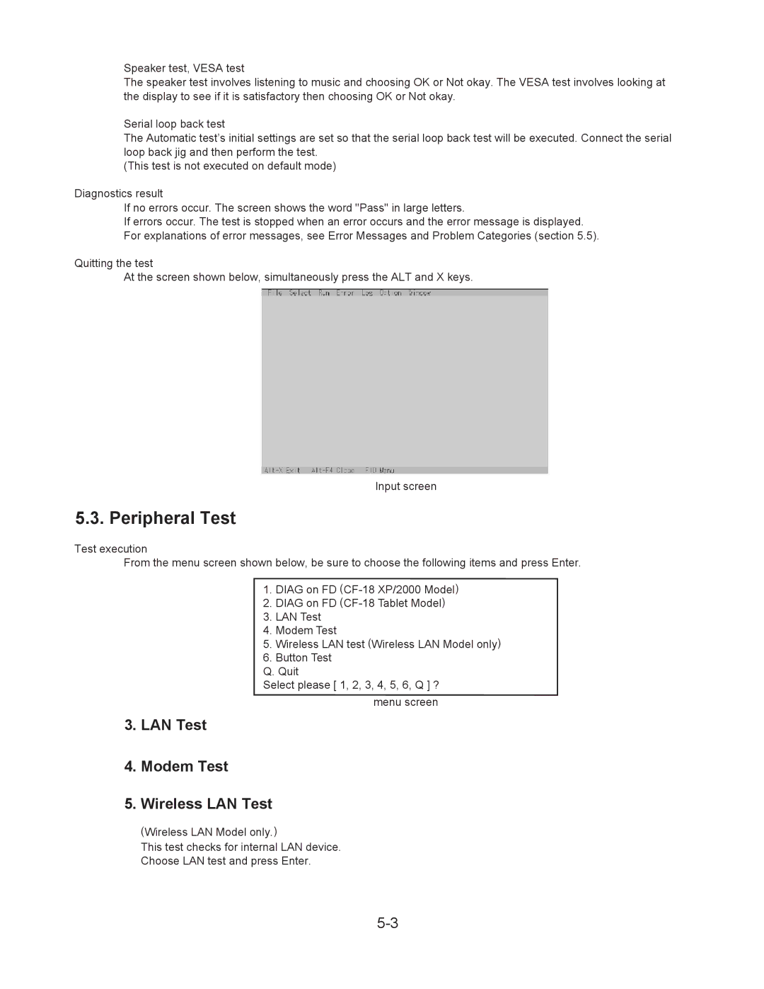 Matsushita CF-18NHHZXBM service manual Peripheral Test, LAN Test Modem Test Wireless LAN Test 