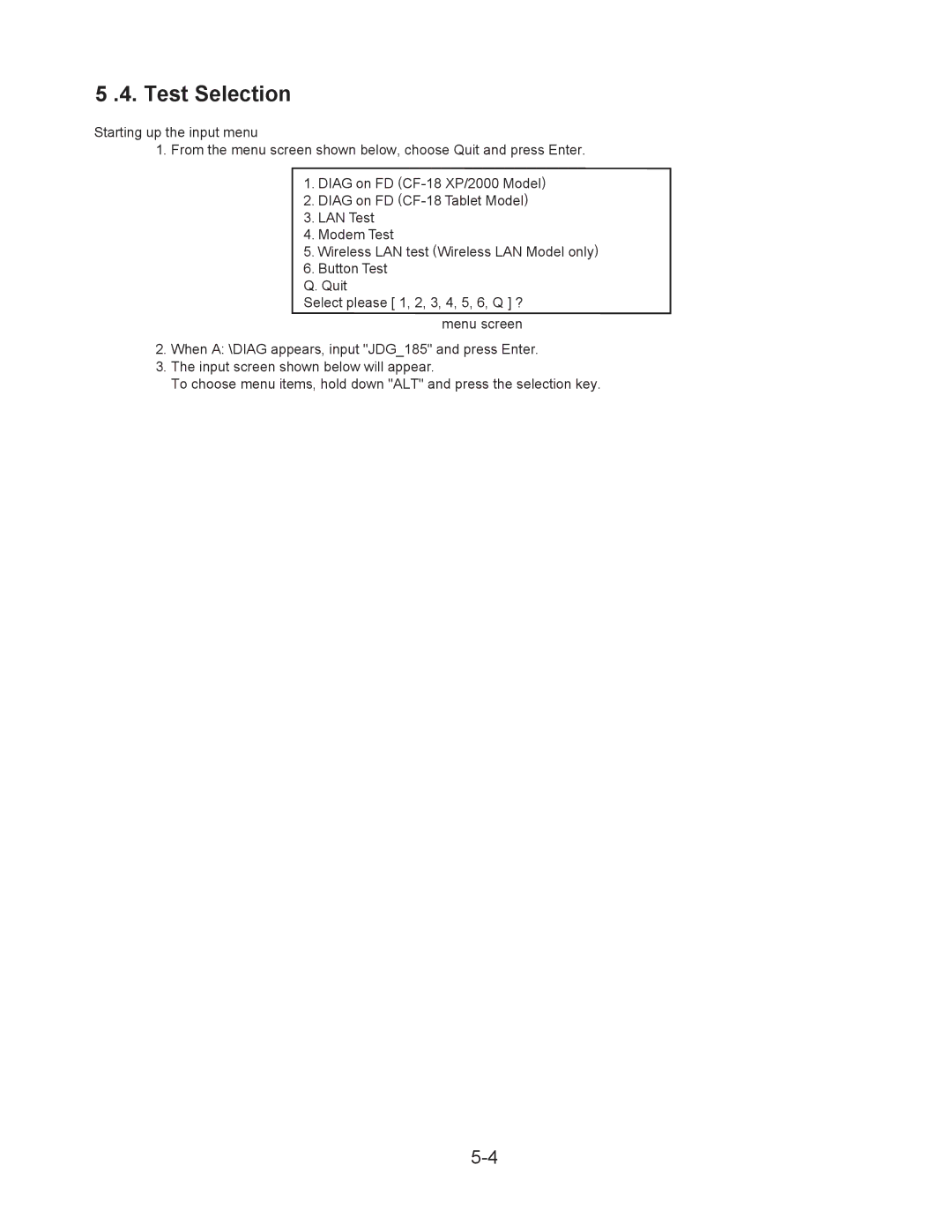 Matsushita CF-18NHHZXBM service manual Test Selection 