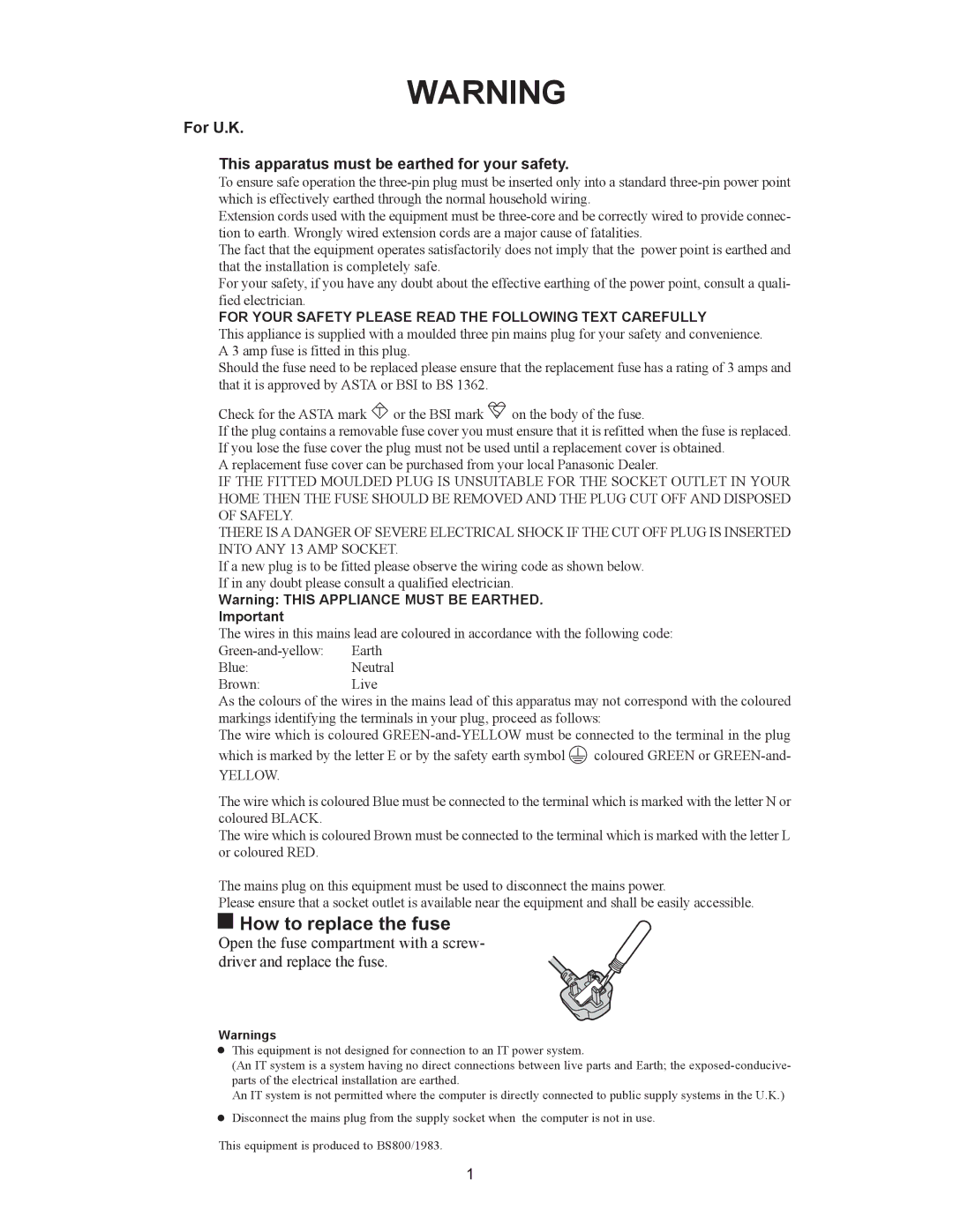 Matsushita CF-18NHHZXBM service manual How to replace the fuse, For U.K This apparatus must be earthed for your safety 