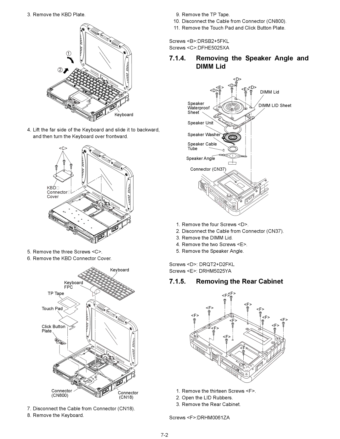 Matsushita CF-18NHHZXBM service manual Removing the Speaker Angle and Dimm Lid, Removing the Rear Cabinet, Kbd, Fpc 