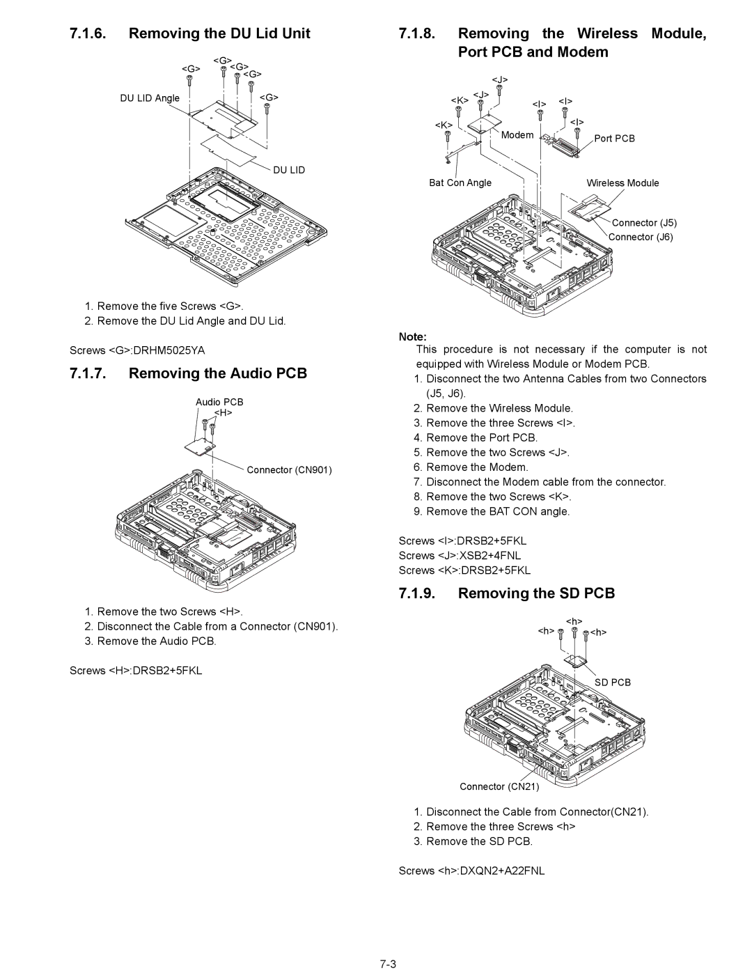 Matsushita CF-18NHHZXBM Removing the DU Lid Unit Wireless Module Port PCB and Modem, Removing the Audio PCB, Du Lid 