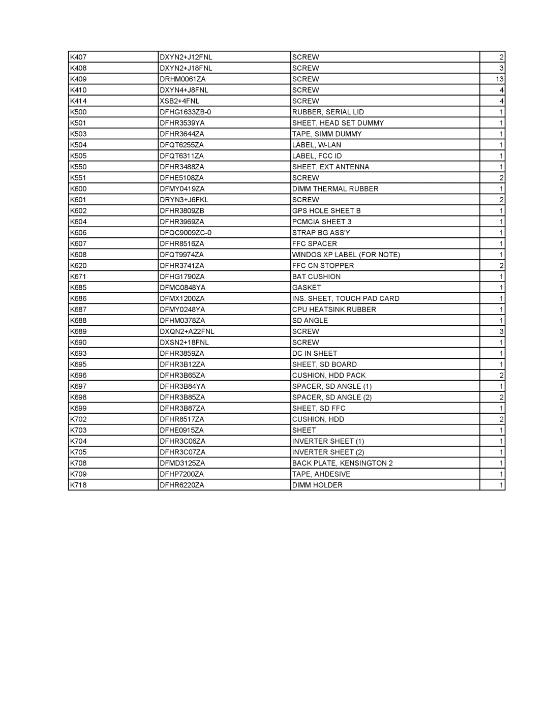 Matsushita CF-18NHHZXBM DXYN2+J12FNL Screw, DXYN2+J18FNL Screw, DRHM0061ZA Screw, DXYN4+J8FNL Screw, XSB2+4FNL Screw 