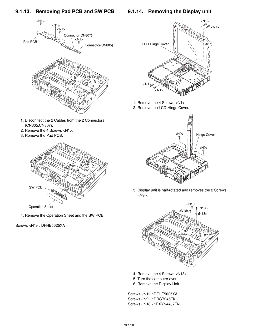 Matsushita CF-19FHGAX service manual Removing Pad PCB and SW PCB, Removing the Display unit 