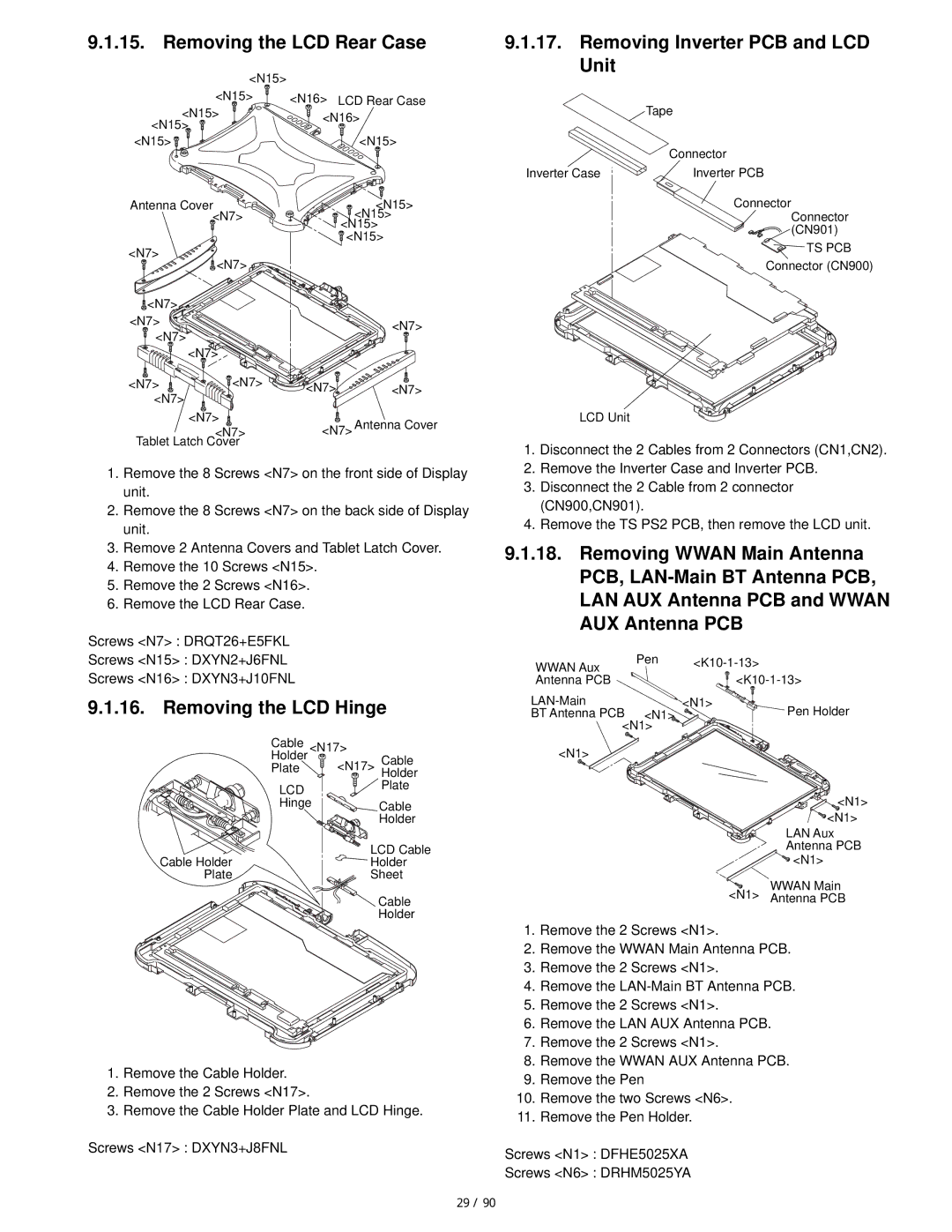 Matsushita CF-19FHGAX service manual Removing the LCD Rear Case, Removing the LCD Hinge, Removing Inverter PCB and LCD Unit 