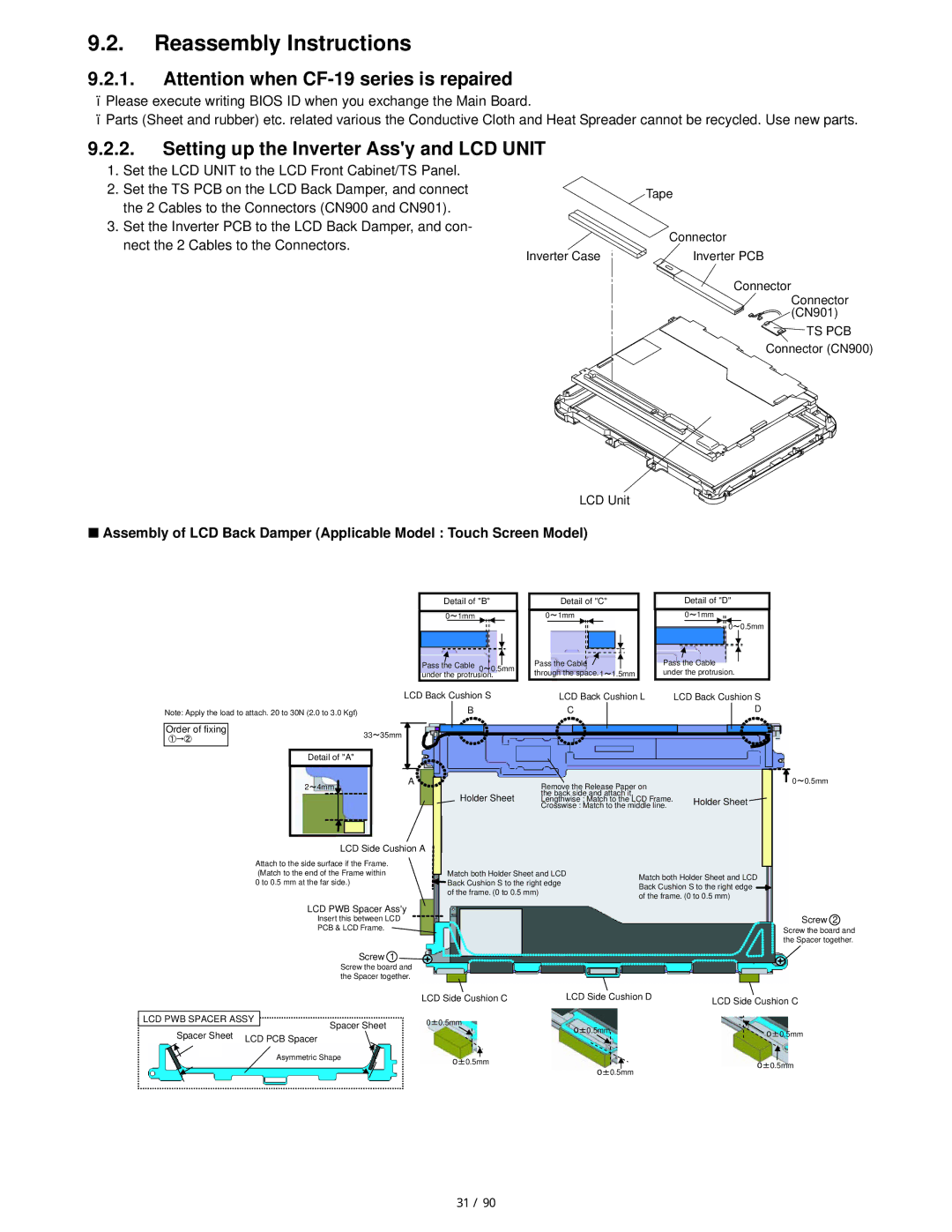 Matsushita CF-19FHGAX service manual Setting up the Inverter Assy and LCD Unit, Sheet, PCB Spacer 