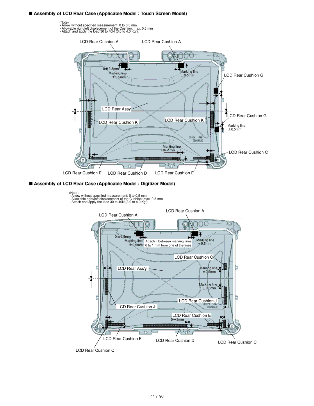 Matsushita CF-19FHGAX service manual Assembly of LCD Rear Case Applicable Model Digitizer Model, Marking line, 5mm 