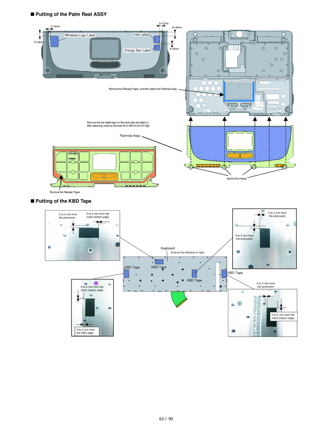 Matsushita CF-19FHGAX service manual Putting of the Palm Rest Assy, Putting of the KBD Tape, Intel Label Windows Logo Label 