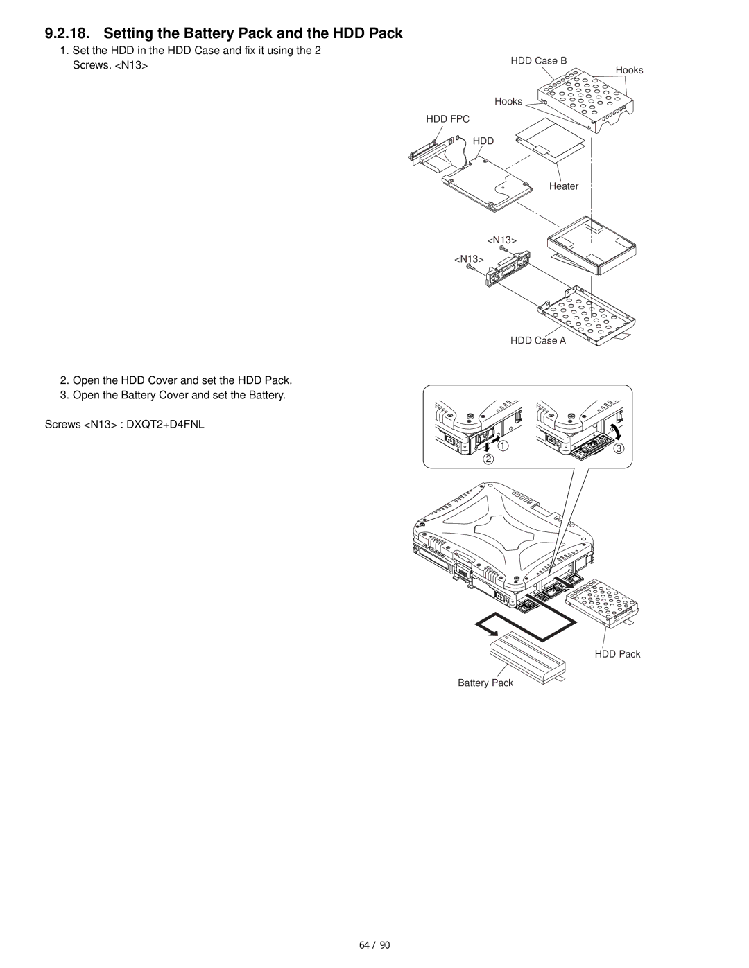 Matsushita CF-19FHGAX service manual Setting the Battery Pack and the HDD Pack 