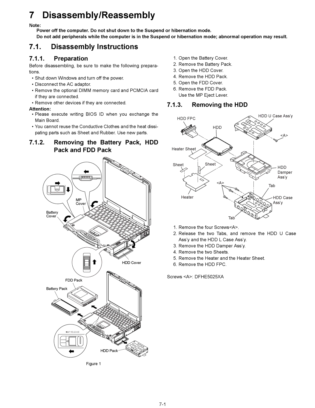 Matsushita CF-29N3LGZBM manual Removing the Battery Pack, HDD Pack and FDD Pack, Removing the HDD, Hdd Fpc 