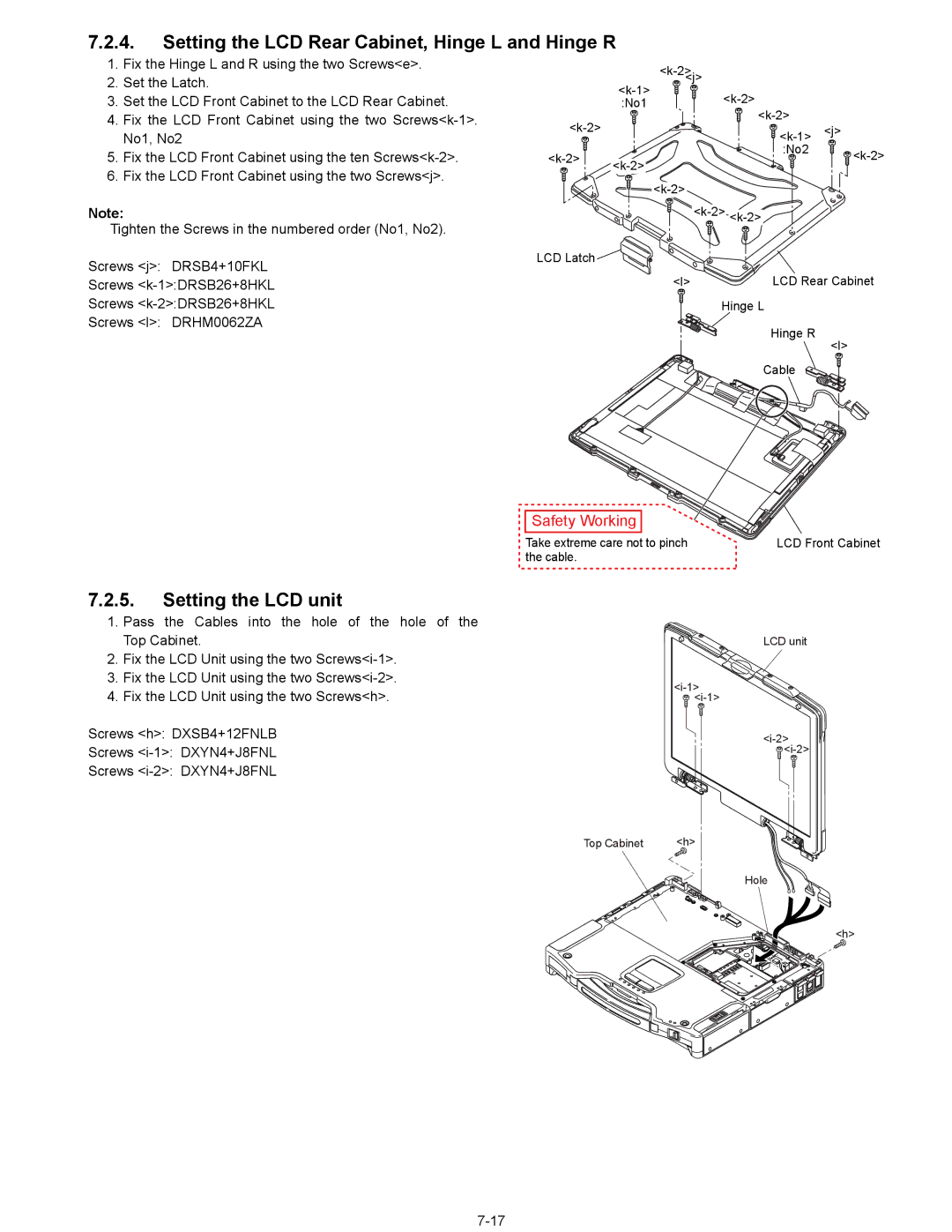 Matsushita CF-29N3LGZBM manual Setting the LCD Rear Cabinet, Hinge L and Hinge R, Setting the LCD unit 