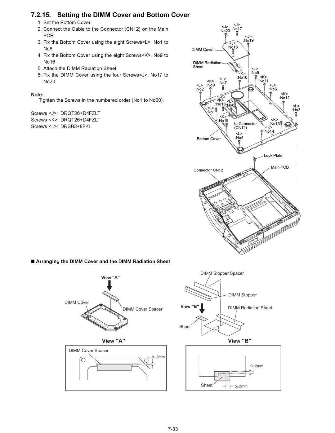 Matsushita CF-29N3LGZBM Setting the Dimm Cover and Bottom Cover, Arranging the Dimm Cover and the Dimm Radiation Sheet 