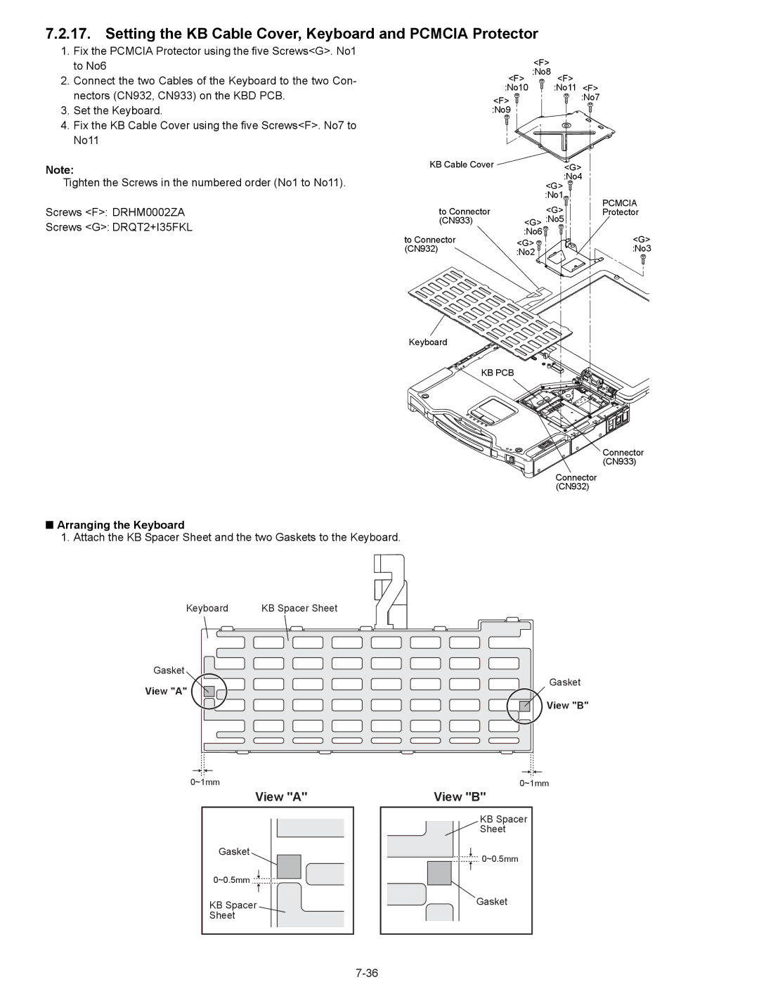 Matsushita CF-29N3LGZBM manual Setting the KB Cable Cover, Keyboard and Pcmcia Protector, Arranging the Keyboard 