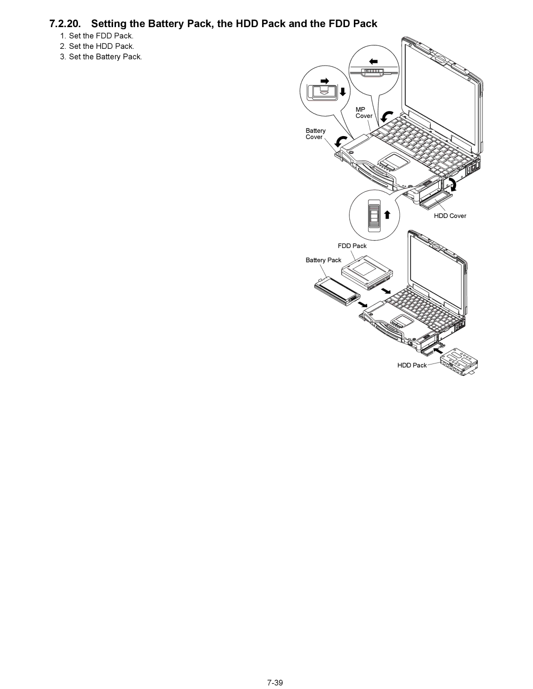 Matsushita CF-29N3LGZBM manual Setting the Battery Pack, the HDD Pack and the FDD Pack 