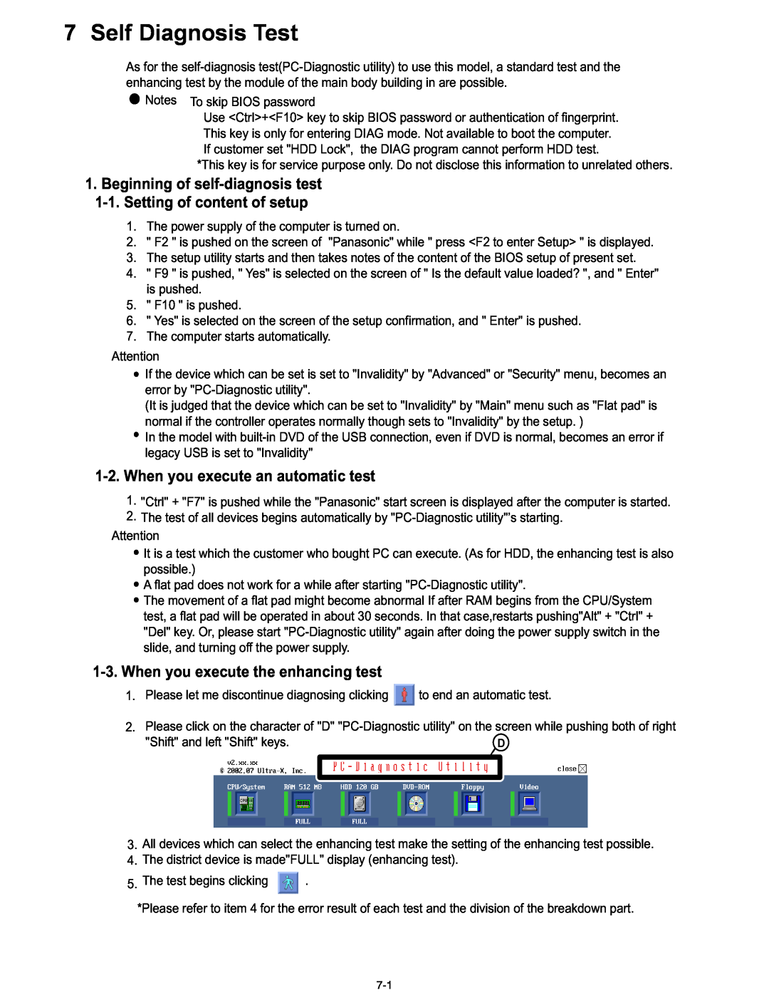 Matsushita CF-30 service manual Self Diagnosis Test, Beginning of self-diagnosis test 1-1. Setting of content of setup 