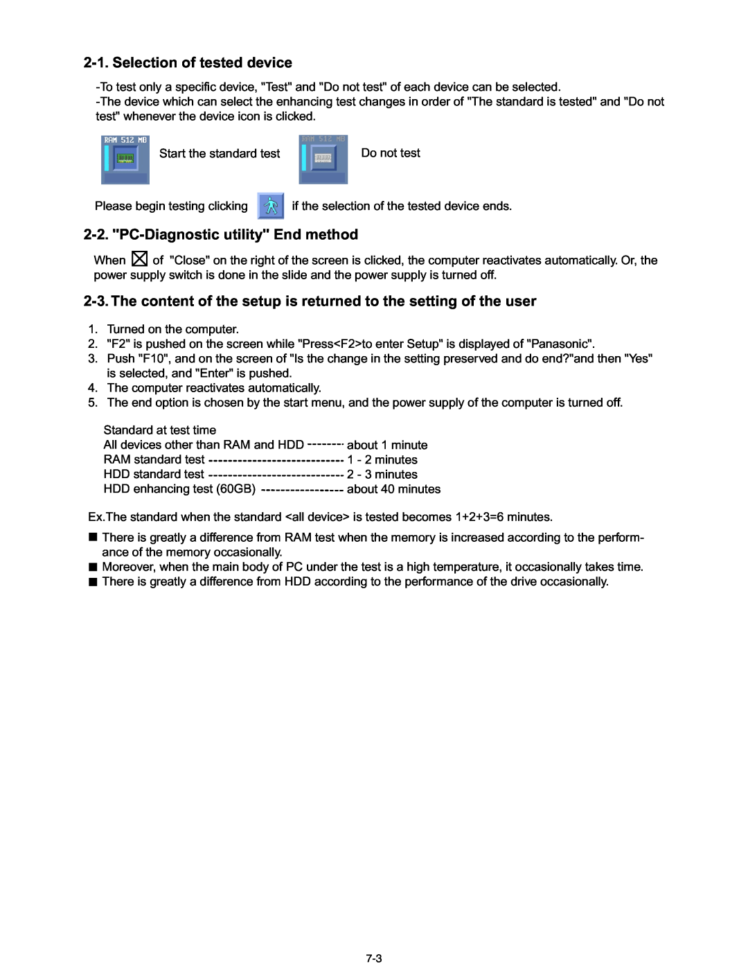 Matsushita CF-30 service manual Selection of tested device, PC-Diagnostic utility End method 