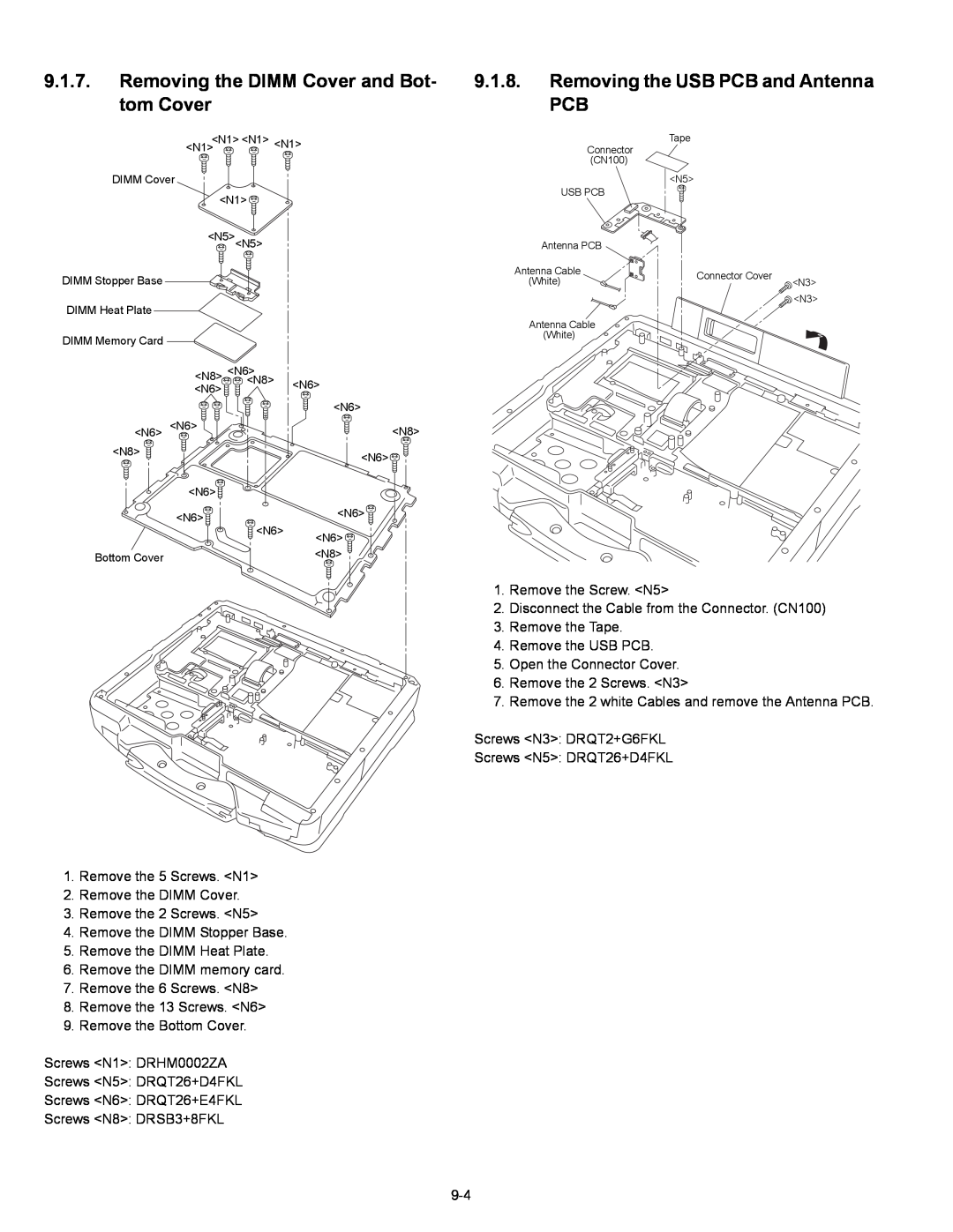 Matsushita CF-30 service manual Removing the DIMM Cover and Bot- tom Cover, Removing the USB PCB and Antenna PCB 