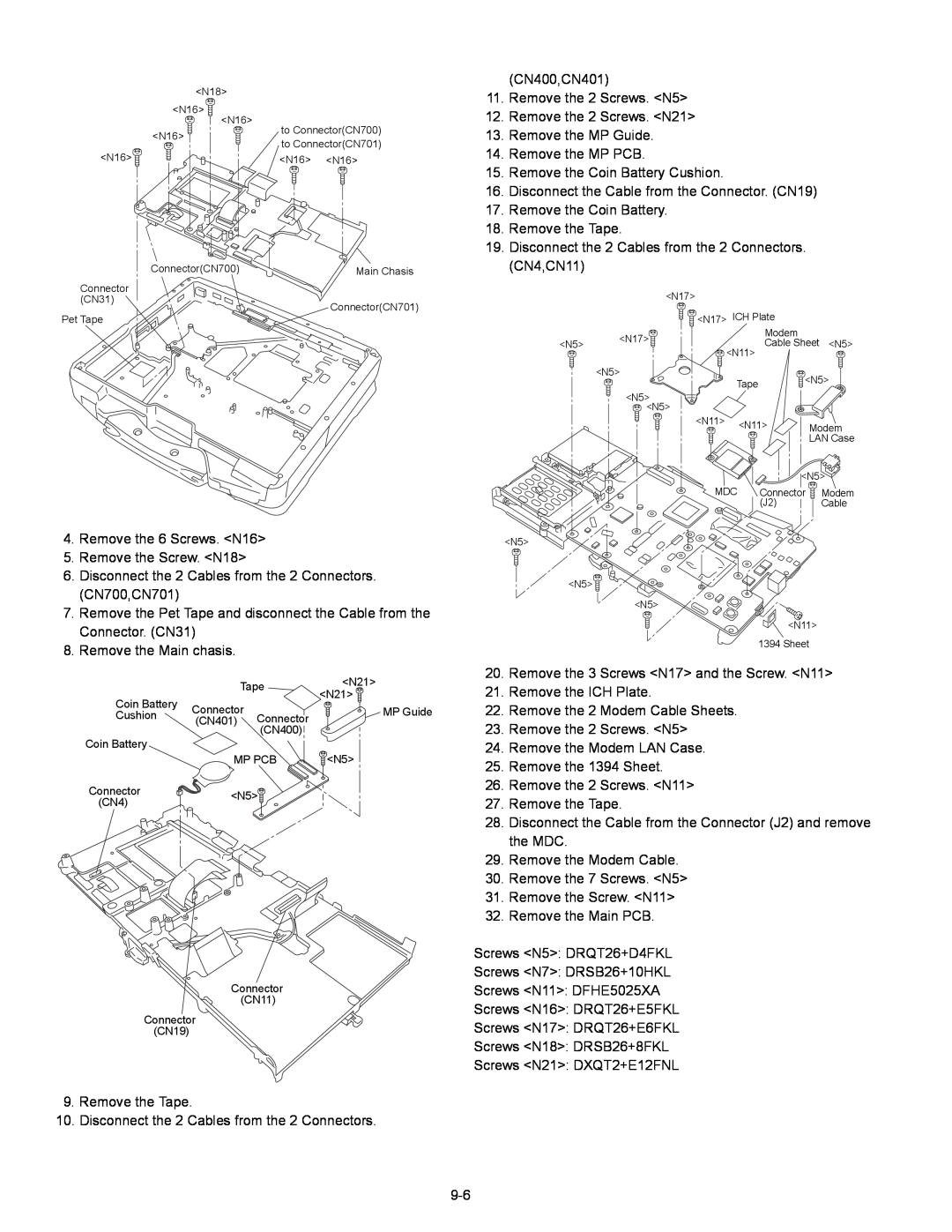 Matsushita CF-30 service manual CN400,CN401 11. Remove the 2 Screws. N5 12. Remove the 2 Screws. N21 