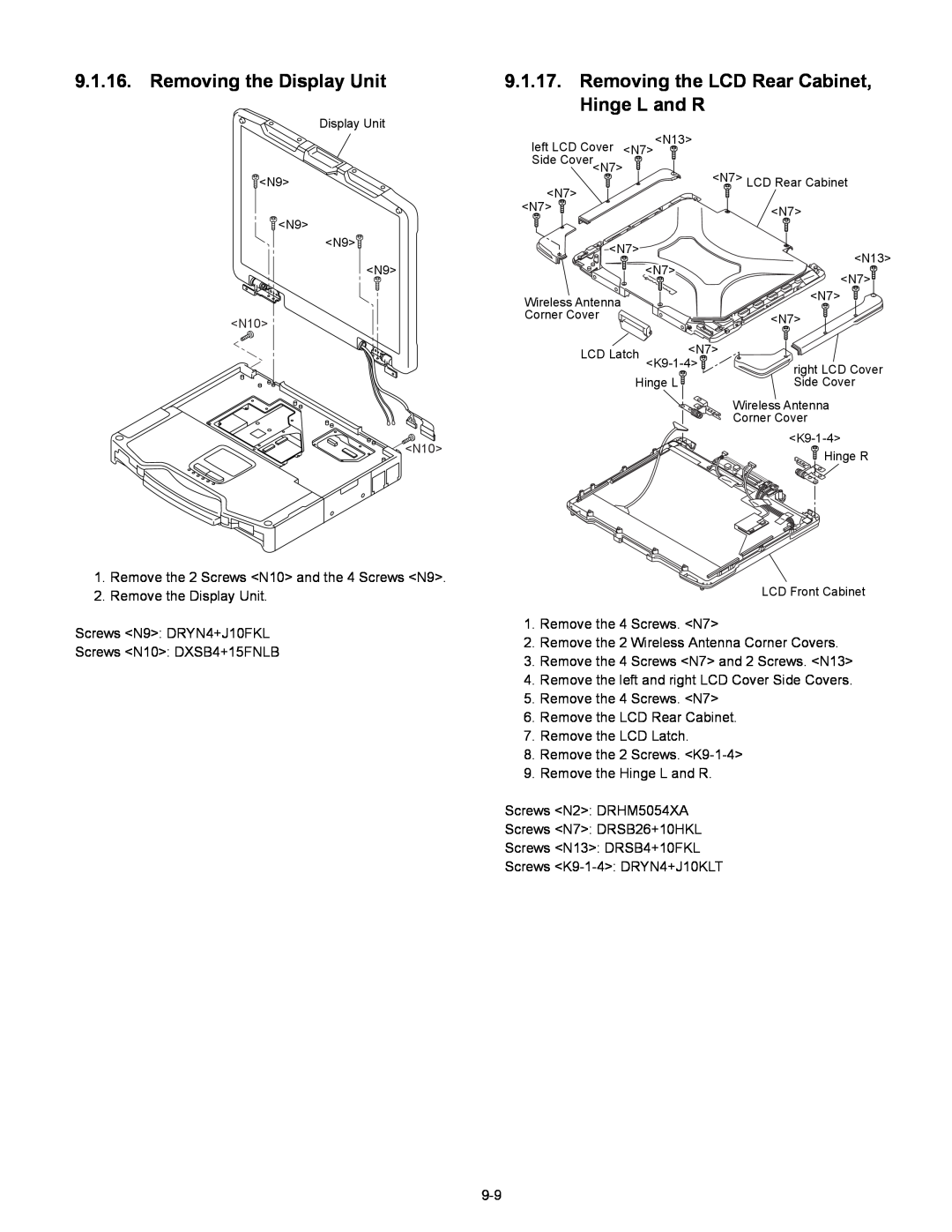 Matsushita CF-30 service manual Removing the Display Unit, Removing the LCD Rear Cabinet, Hinge L and R 