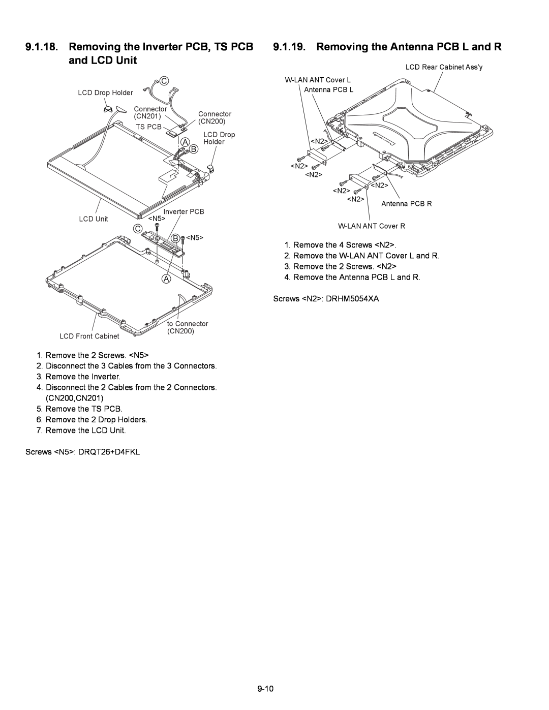 Matsushita CF-30 service manual Removing the Inverter PCB, TS PCB and LCD Unit, Removing the Antenna PCB L and R 