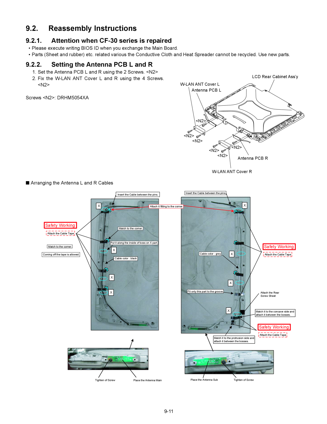 Matsushita Reassembly Instructions, Attention when CF-30 series is repaired, Setting the Antenna PCB L and R 
