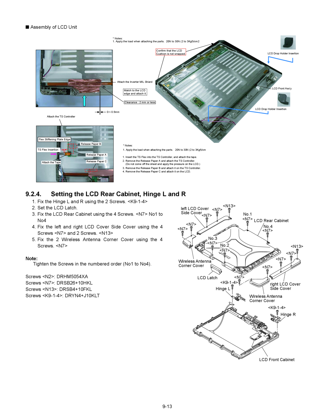 Matsushita CF-30 service manual Setting the LCD Rear Cabinet, Hinge L and R 