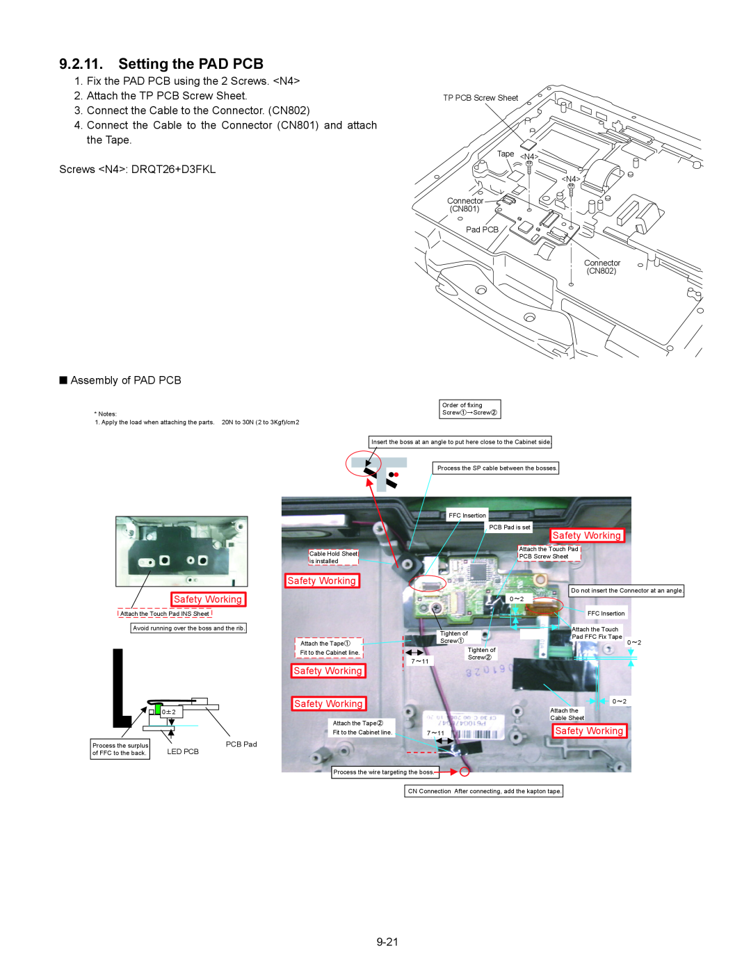 Matsushita CF-30 service manual Setting the PAD PCB, Safety Working 