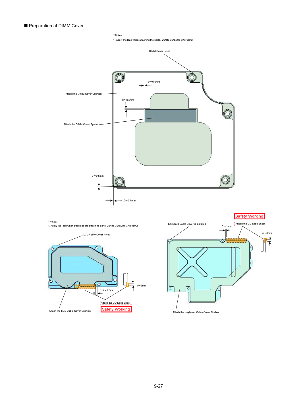 Matsushita CF-30 service manual Q Preparation of DIMM Cover, 9-27, Safety Working, Attach the Keyboard Cable Cover Cushion 
