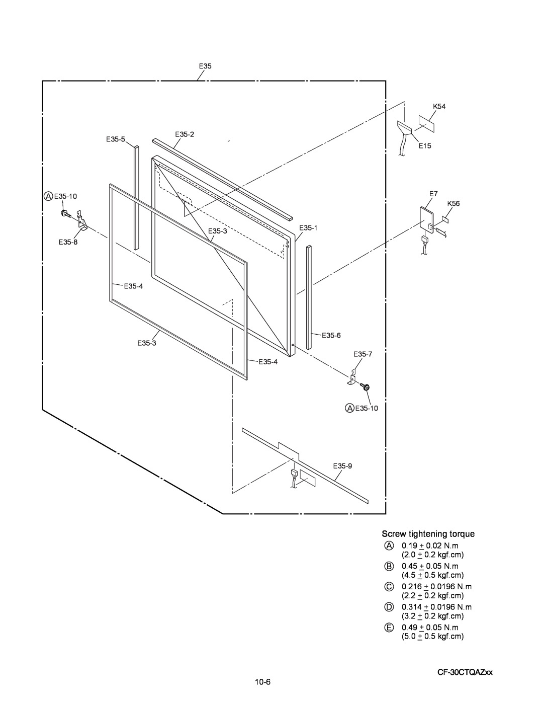 Matsushita service manual Screw tightening torque, CF-30CTQAZxx, E35-5, E35 K54 E35-2 E15, A E35-10 