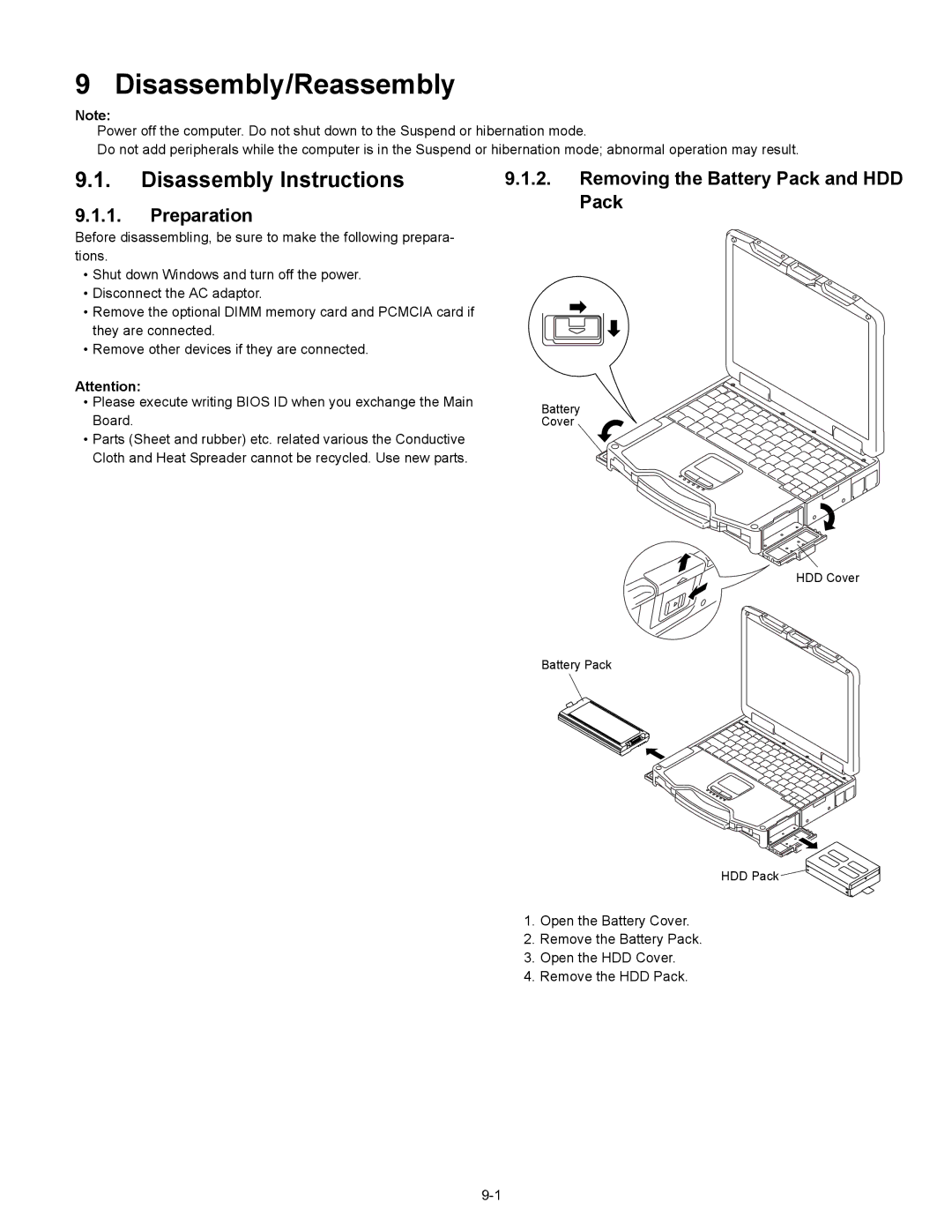 Matsushita CF-30CTQAZBM service manual Removing the Battery Pack and HDD, Preparation Pack 