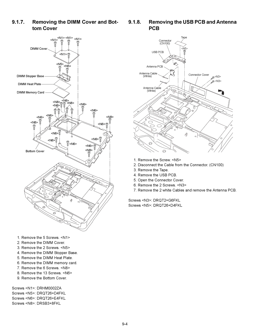 Matsushita CF-30CTQAZBM service manual Removing the Dimm Cover and Bot- tom Cover, Removing the USB PCB and Antenna 