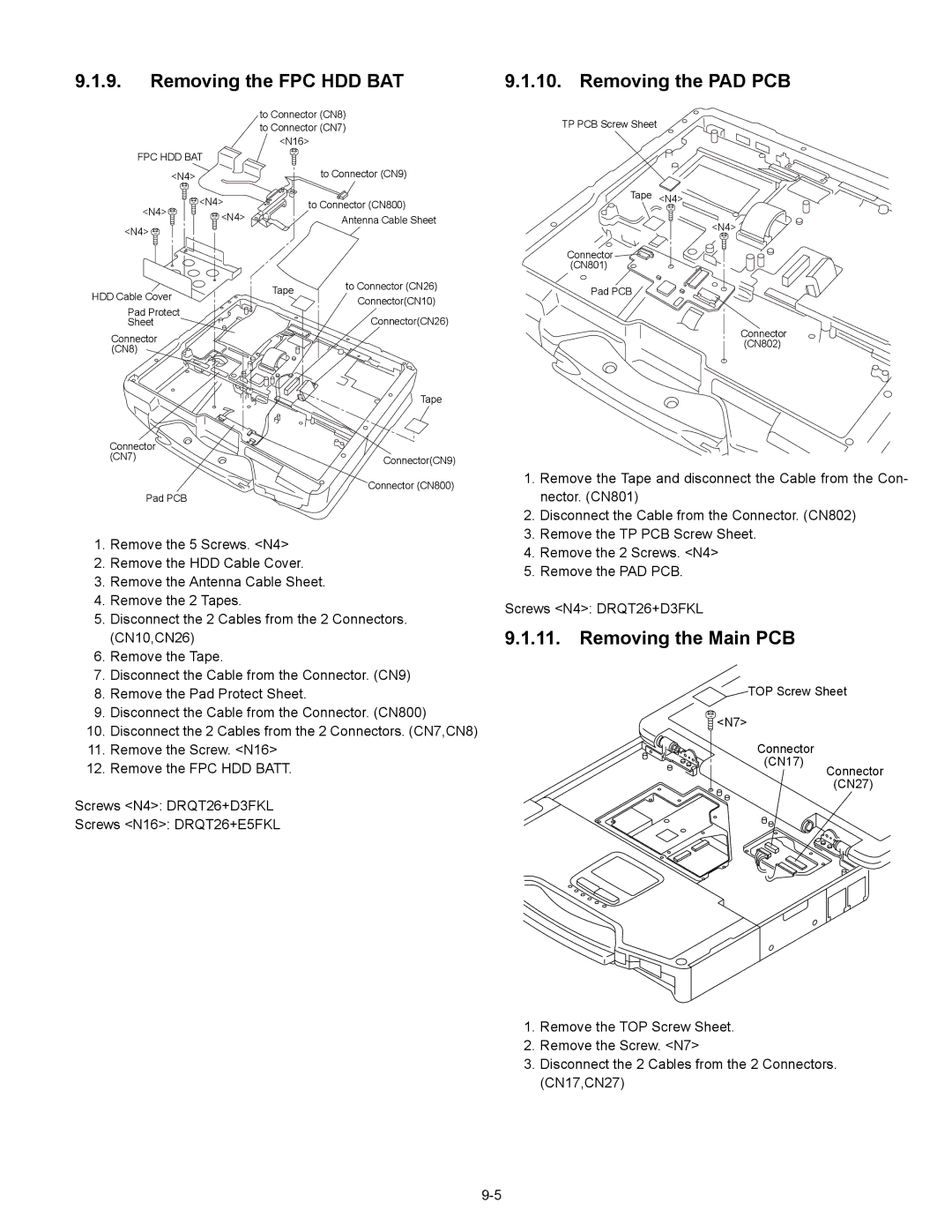 Matsushita CF-30CTQAZBM service manual Removing the FPC HDD BAT, Removing the PAD PCB, Removing the Main PCB 