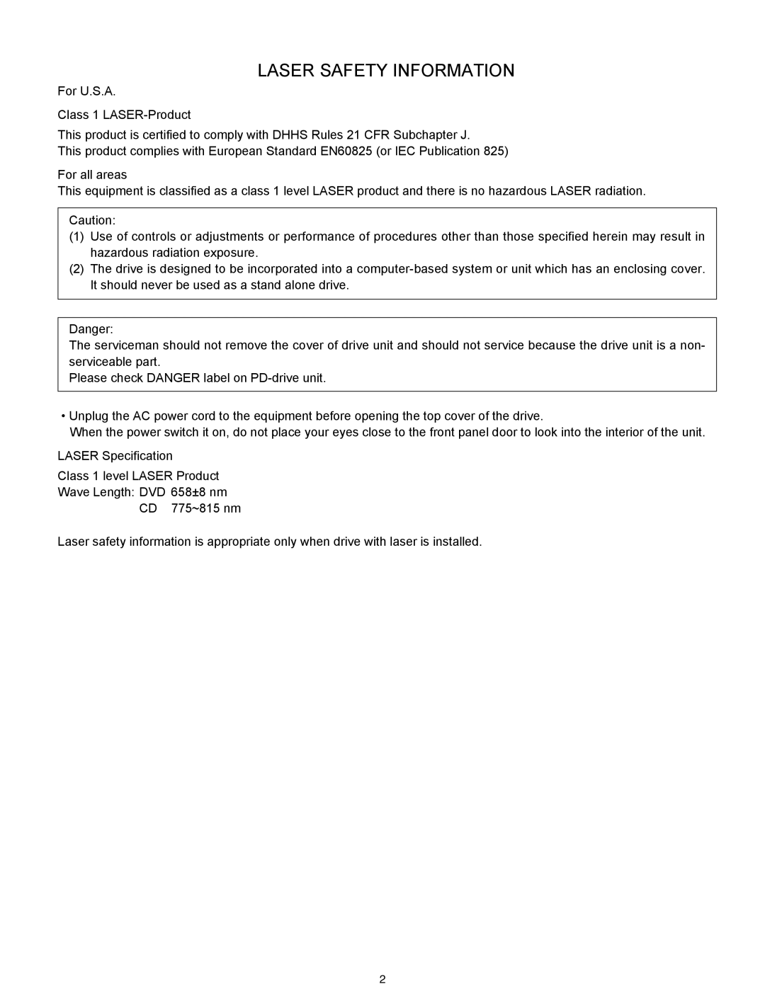 Matsushita CF-30CTQAZBM service manual Laser Safety Information 