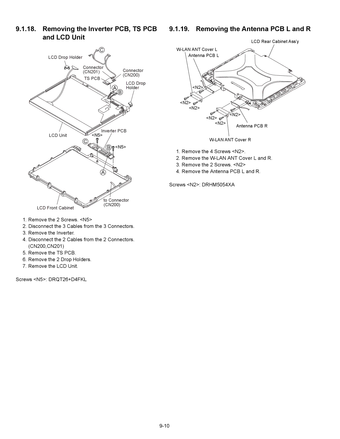 Matsushita CF-30CTQAZBM service manual Removing the Inverter PCB, TS PCB and LCD Unit, Removing the Antenna PCB L and R 