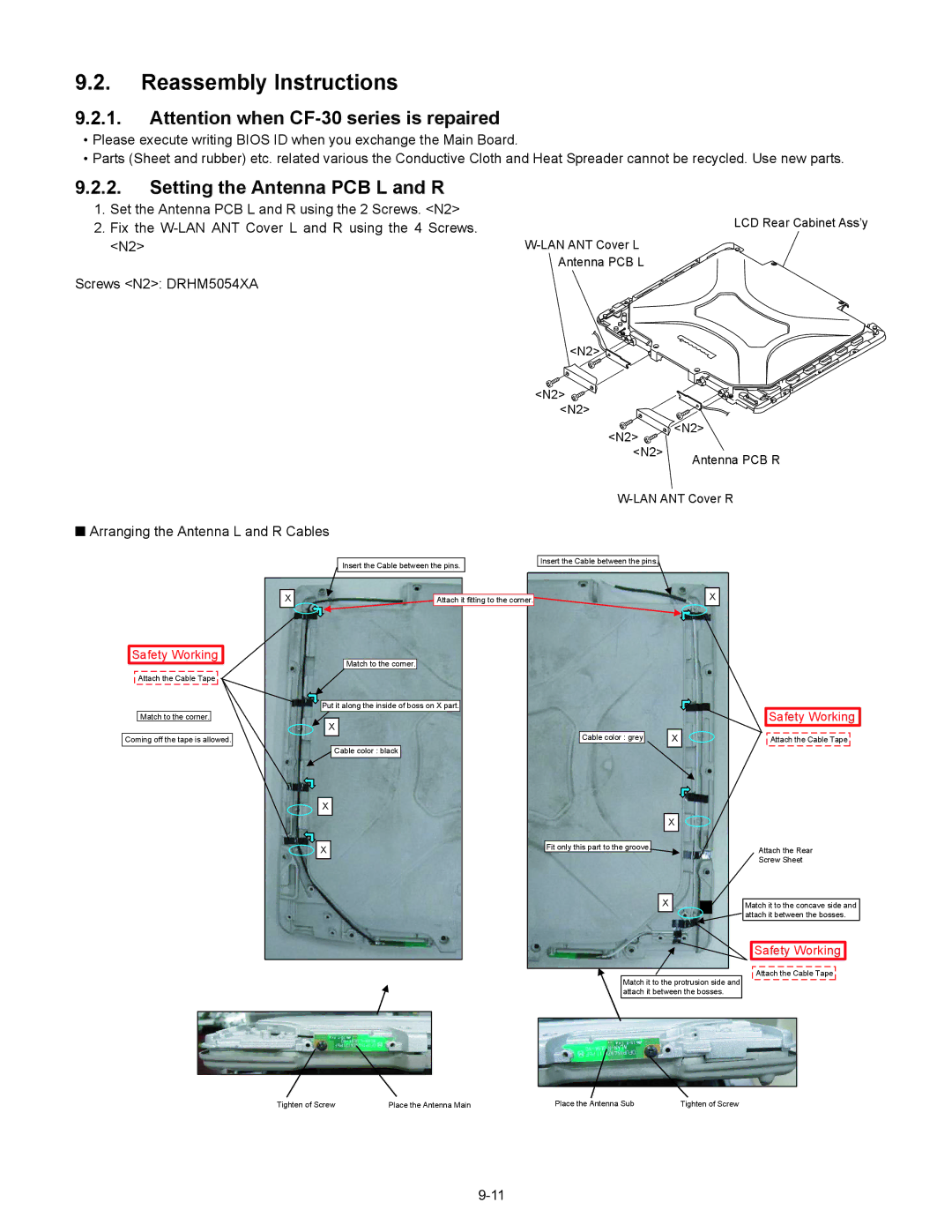 Matsushita CF-30CTQAZBM Setting the Antenna PCB L and R, Screws N2 DRHM5054XA Arranging the Antenna L and R Cables 