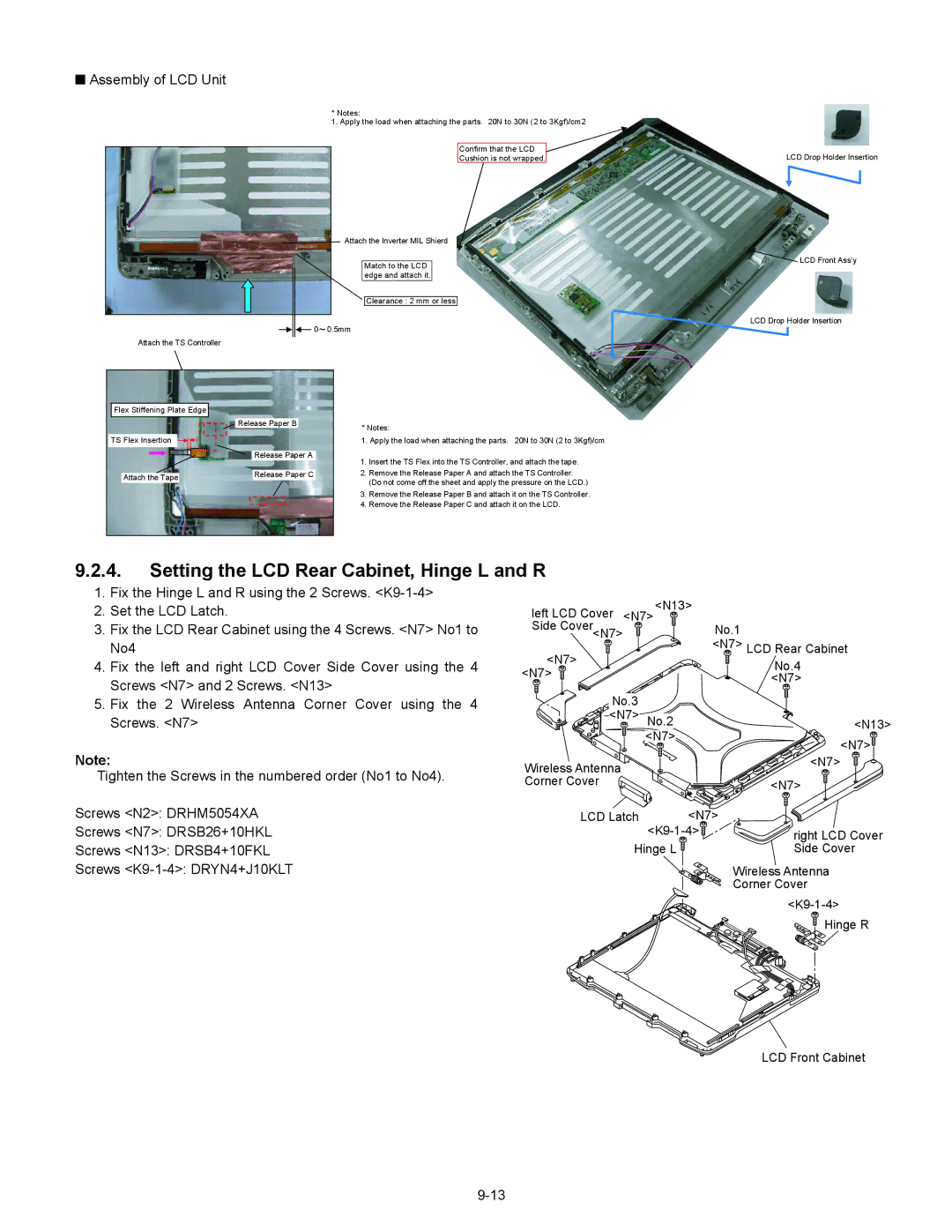 Matsushita CF-30CTQAZBM service manual Setting the LCD Rear Cabinet, Hinge L and R, Assembly of LCD Unit 