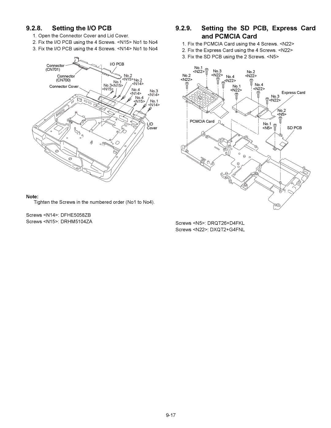 Matsushita CF-30CTQAZBM service manual Setting the I/O PCB Setting the SD PCB, Express Card, Pcmcia Card 