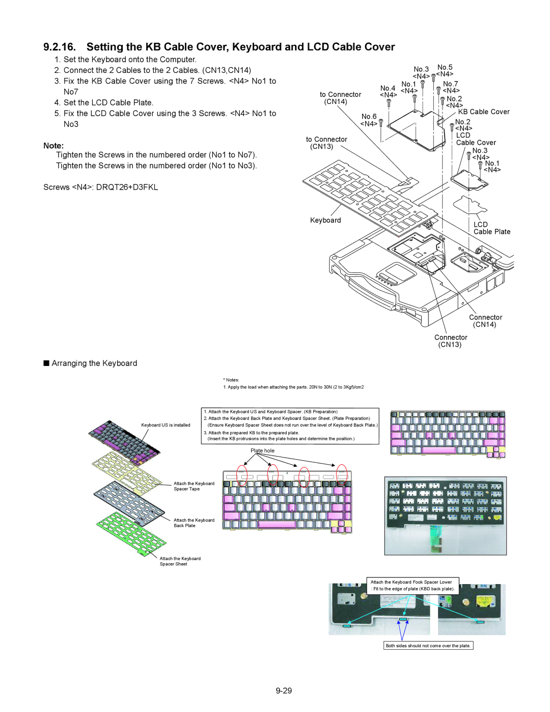 Matsushita CF-30CTQAZBM service manual Setting the KB Cable Cover, Keyboard and LCD Cable Cover, Arranging the Keyboard 