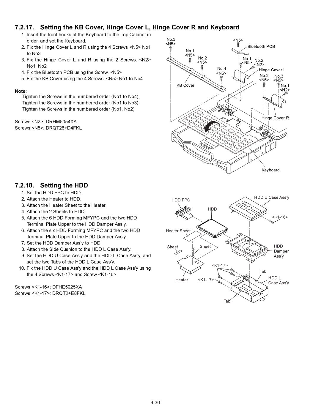 Matsushita CF-30CTQAZBM service manual Setting the HDD, Screws N2 DRHM5054XA Screws N5 DRQT26+D4FKL 