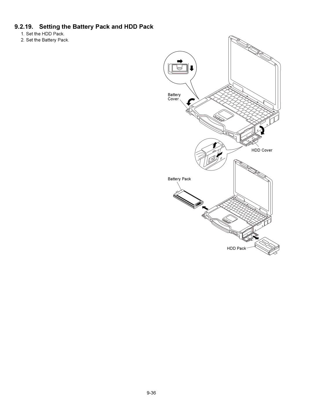 Matsushita CF-30CTQAZBM service manual Setting the Battery Pack and HDD Pack, Set the HDD Pack Set the Battery Pack 