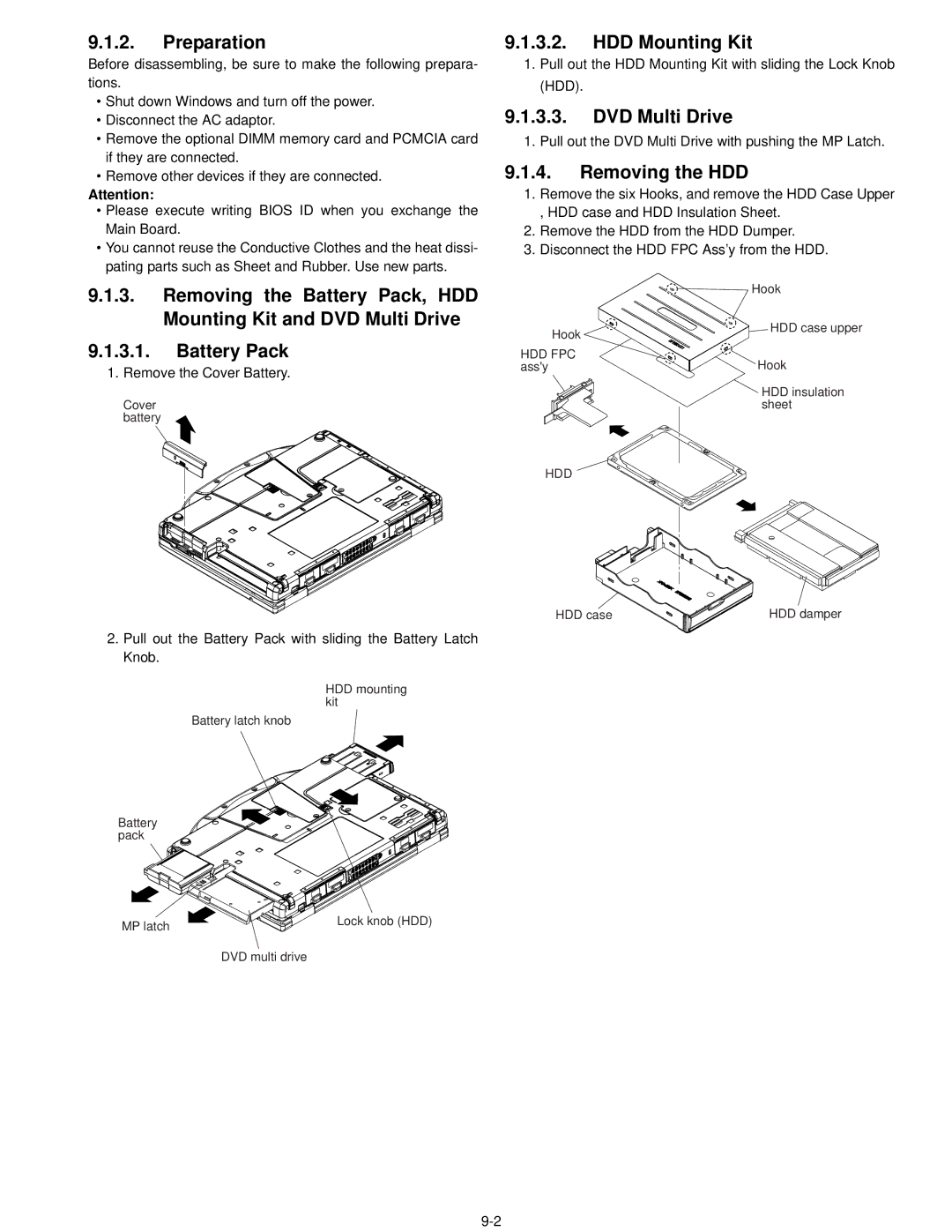 Matsushita CF-52AJYZDZM service manual Preparation, HDD Mounting Kit, DVD Multi Drive, Removing the HDD 