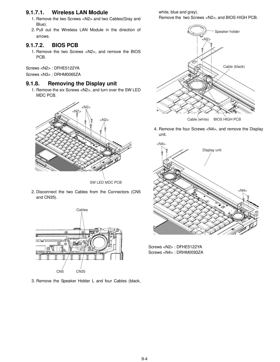 Matsushita CF-52AJYZDZM service manual Wireless LAN Module, Bios PCB, Removing the Display unit, Sw Led Mdc Pcb 