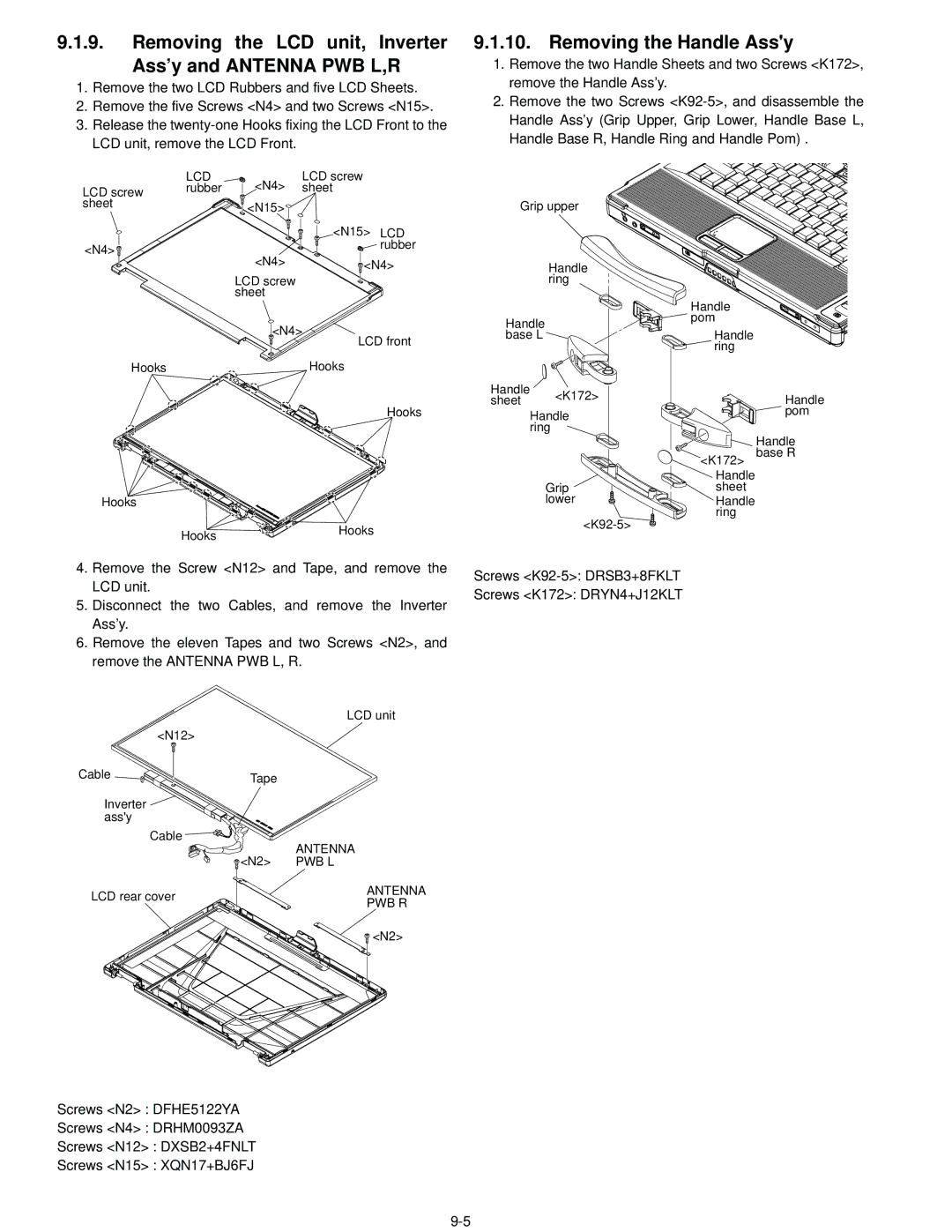 Matsushita CF-52AJYZDZM Removing the LCD unit, Inverter Ass’y and Antenna PWB L,R, Removing the Handle Assy, Lcd, Pwb R 