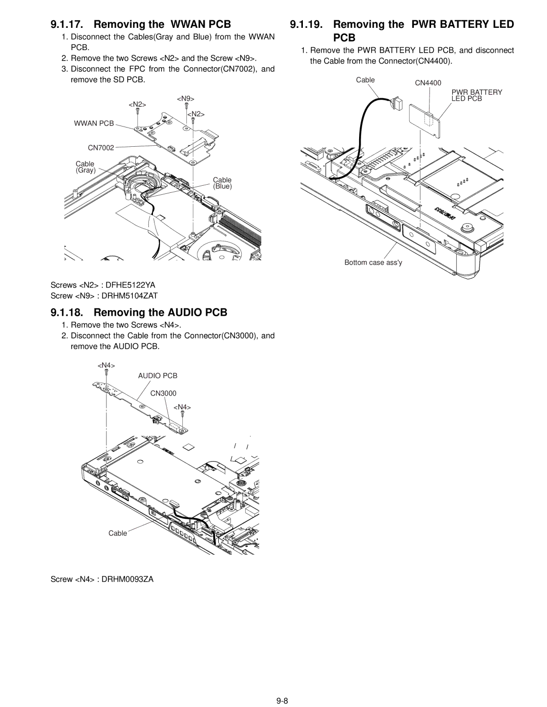 Matsushita CF-52AJYZDZM service manual Removing the Wwan PCB, Removing the PWR Battery LED PCB, Removing the Audio PCB 