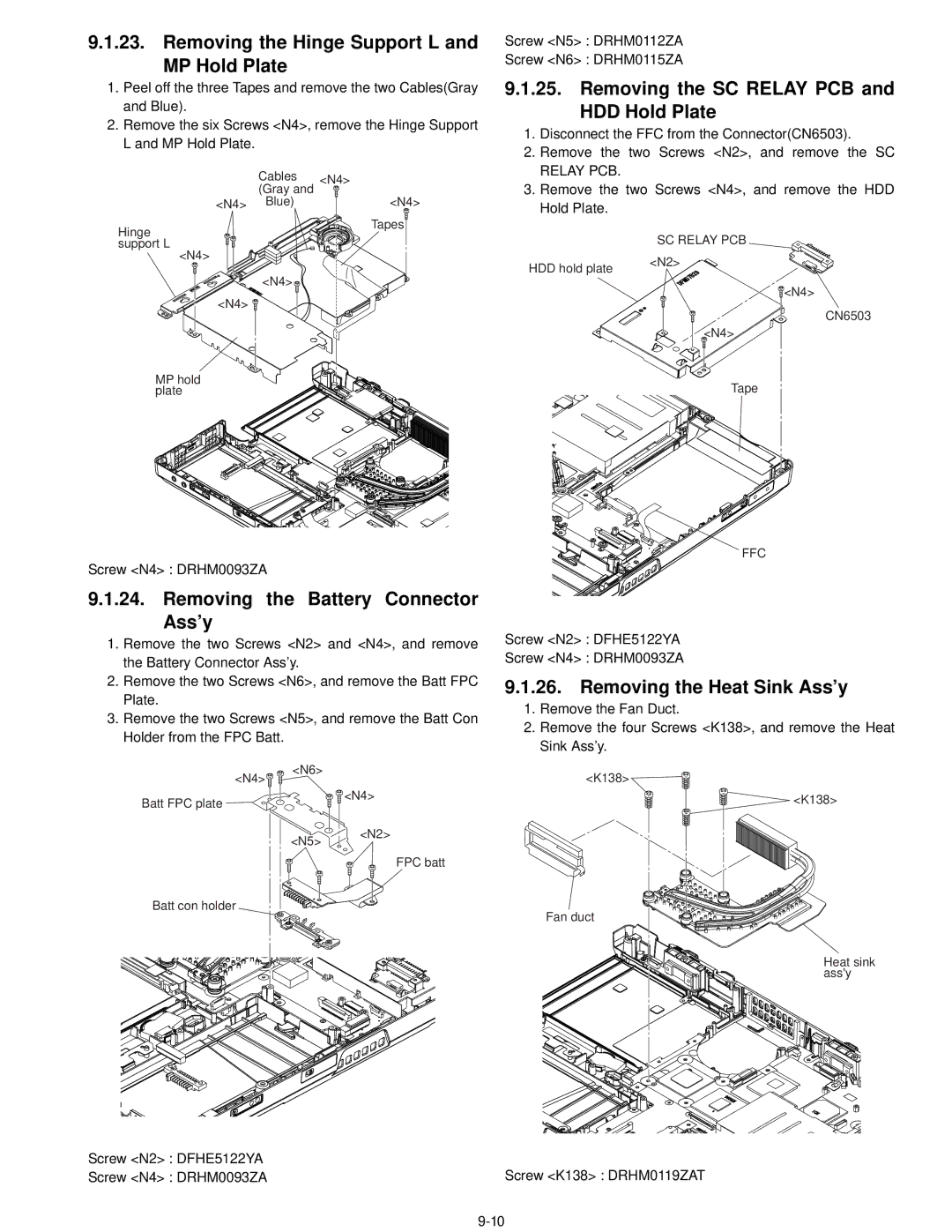 Matsushita CF-52AJYZDZM Removing the Hinge Support L and MP Hold Plate, Removing the Battery Connector Ass’y, SC Relay PCB 