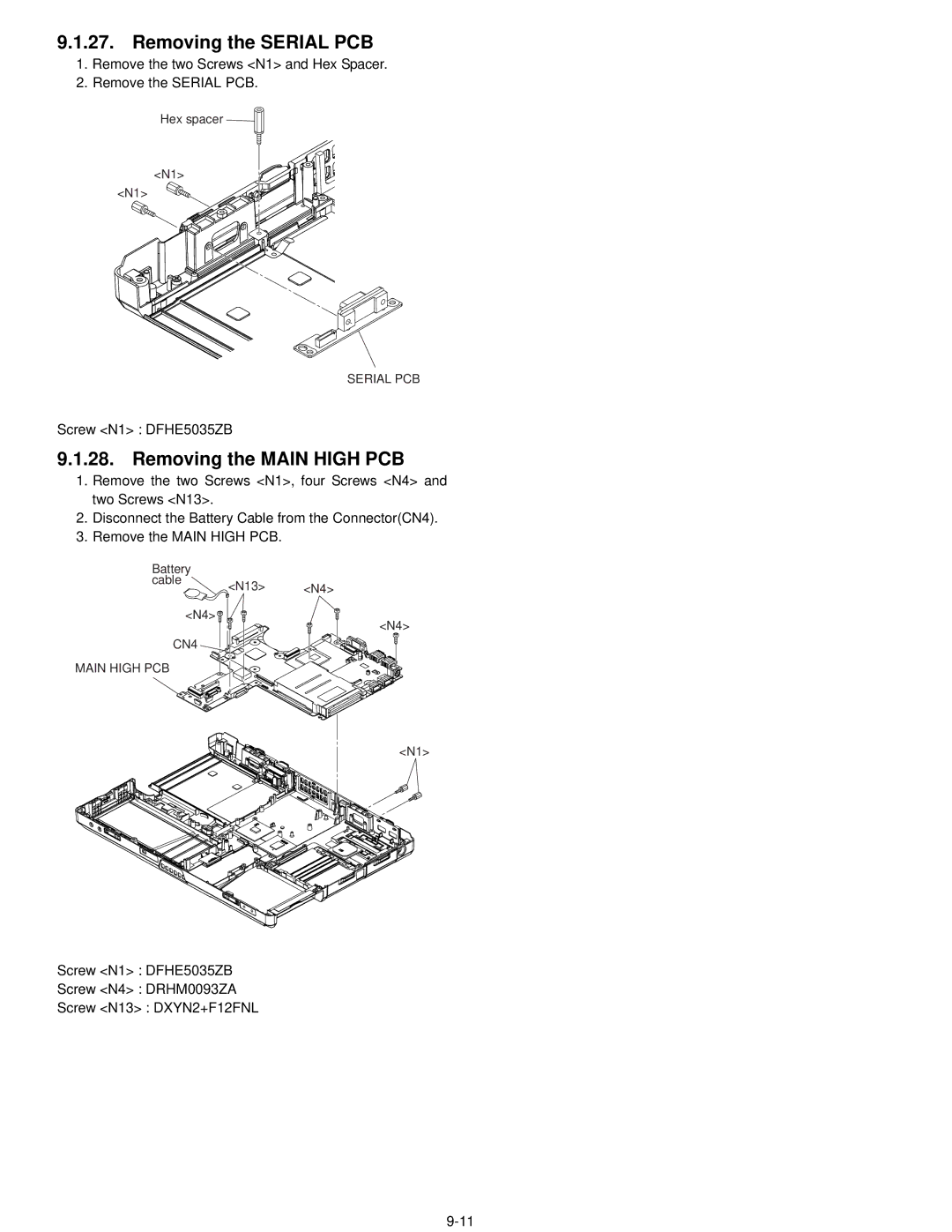 Matsushita CF-52AJYZDZM service manual Removing the Serial PCB, Removing the Main High PCB, CN4 Main High PCB 