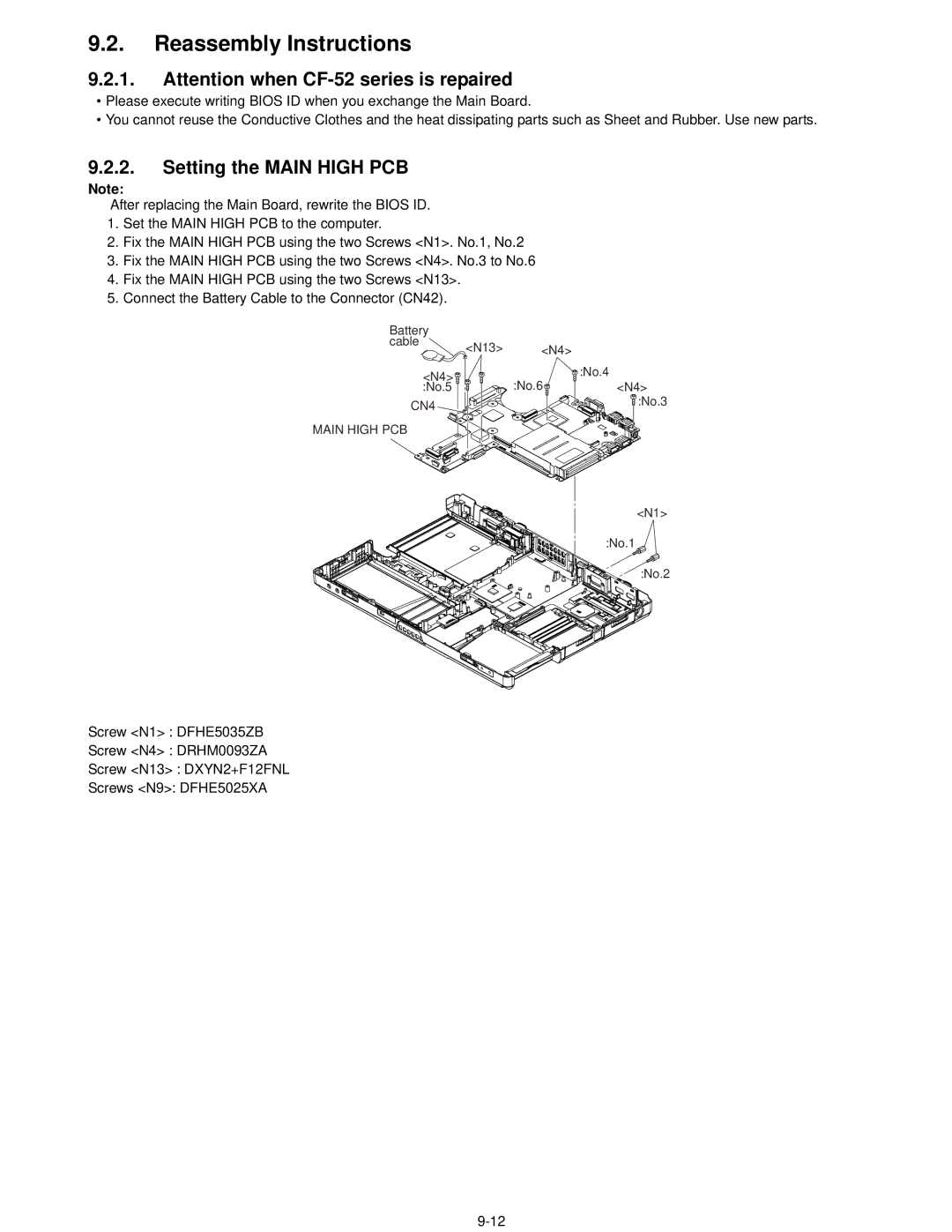 Matsushita CF-52AJYZDZM service manual Reassembly Instructions, Setting the Main High PCB 