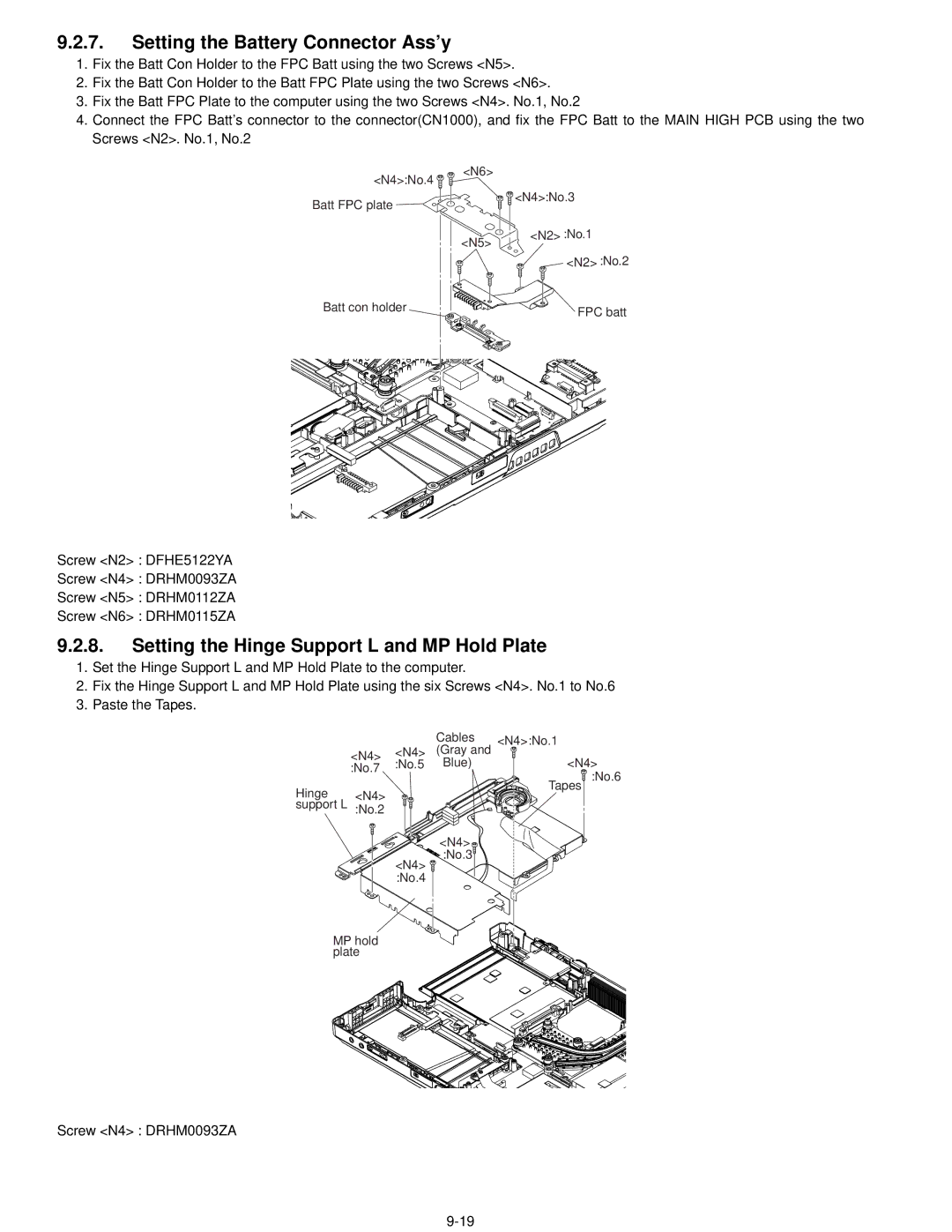 Matsushita CF-52AJYZDZM service manual Setting the Battery Connector Ass’y, Setting the Hinge Support L and MP Hold Plate 